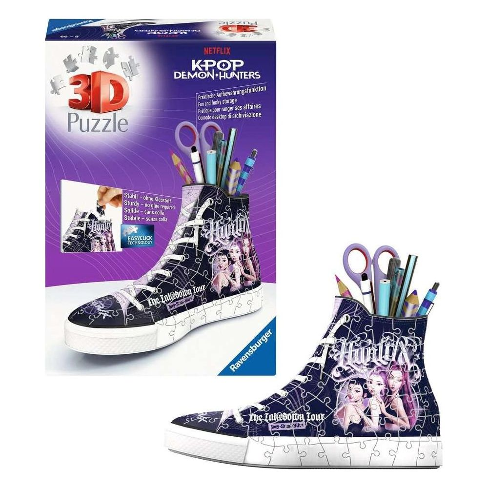 Ravensburger 3D-Puzzle als Sneaker-Stiftehalter mit K-Pop Demon Hunters Design und Schulmaterial.
