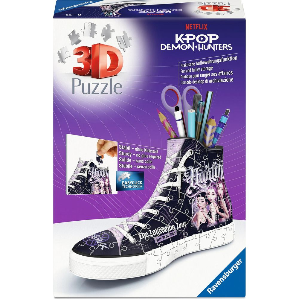K-Pop Demon Hunters 3D-Puzzle-Schuhbox als Stiftehalter mit bunten Stiften.