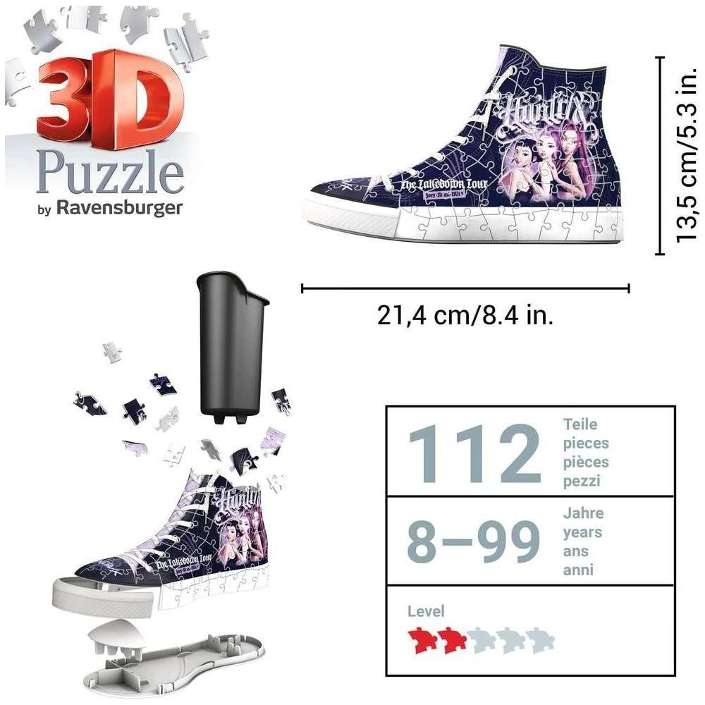 Ein 3D-Puzzle von Ravensburger zeigt einen Sneaker mit 112 Teilen, 21,4 cm lang und 13,5 cm hoch, für 8 bis 99 Jahre.