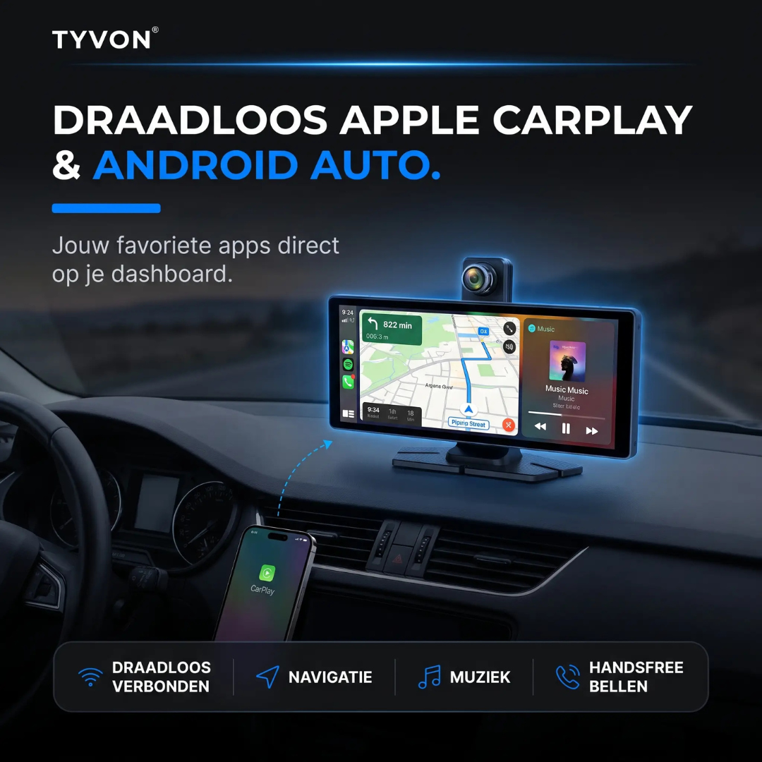Autodashboard met een display voor draadloze Apple CarPlay en Android Auto.