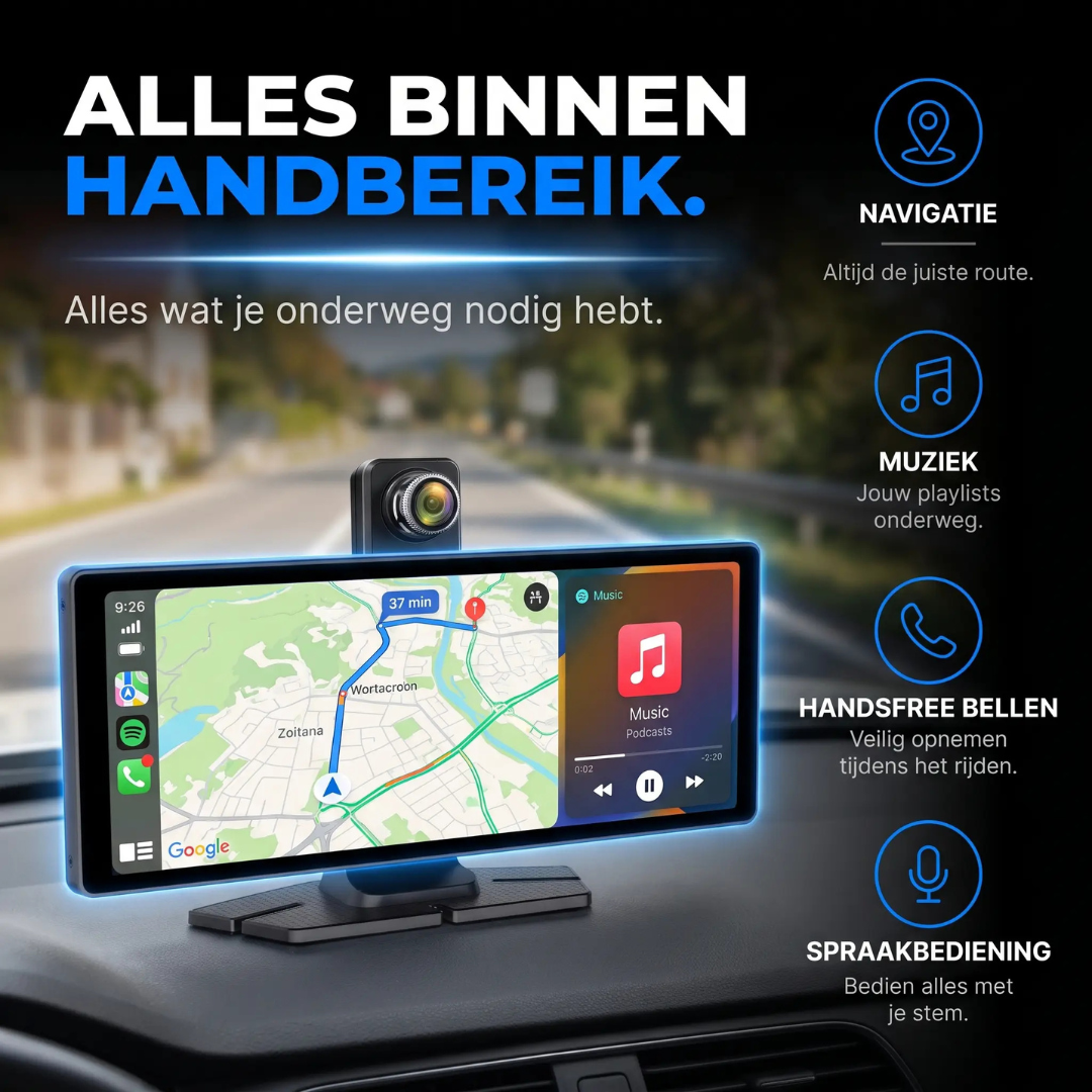 Dashboard met touchscreen met navigatie en muziek, vergezeld van functiepictogrammen.