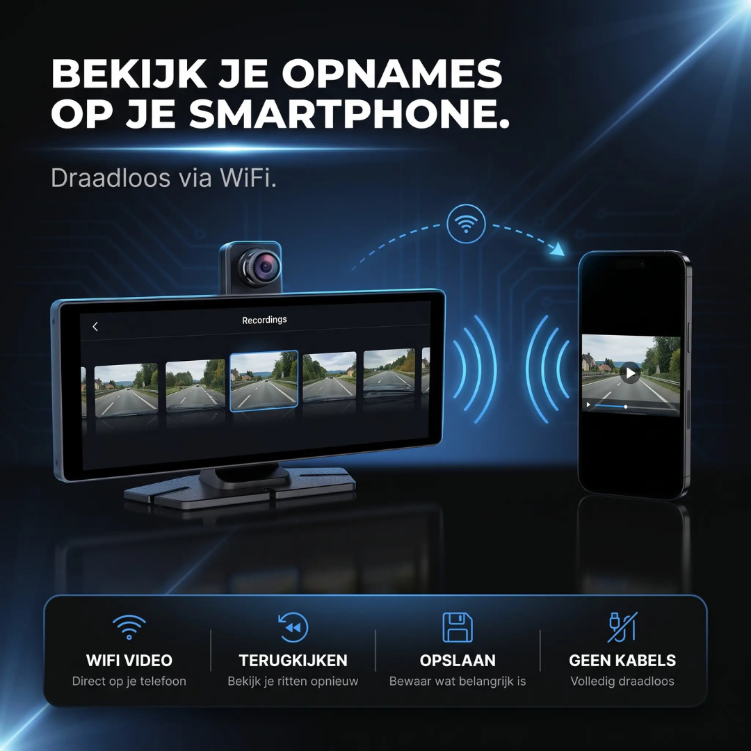 Dashcam met wifi-smartphoneverbinding, toont opnames en functiepictogrammen voor wifi, terugkijken, opslaan, draadloos.