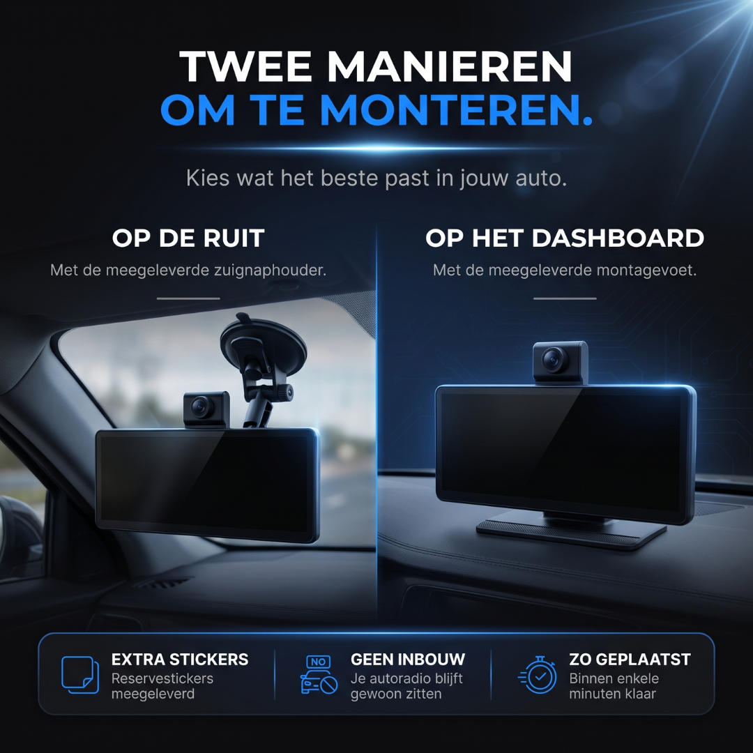 Een advertentie toont twee montageopties voor een autoploegcamera: op de voorruit of op het dashboard.