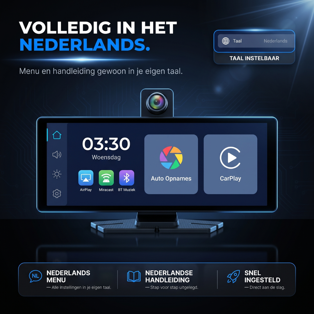 Dashboarddisplay met touchscreen, CarPlay, camera en Nederlands menu.