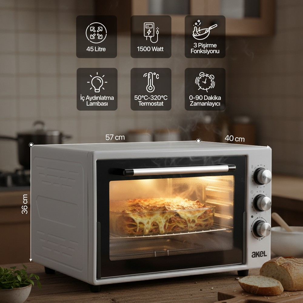 İçinde lasagna olan beyaz mini fırın, ölçüler ve üstte özellik simgeleri.
