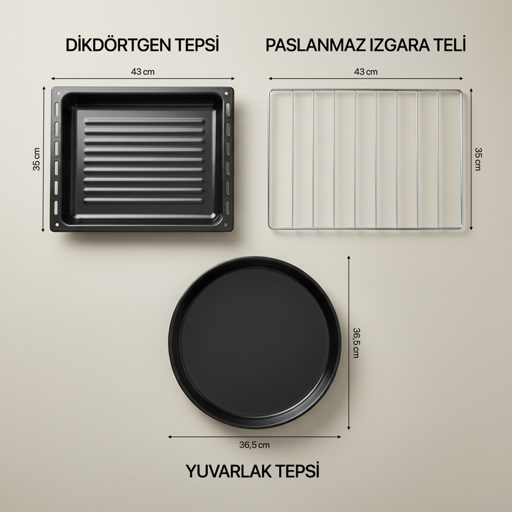 Ölçüleriyle üç fırın aksesuarı: dikdörtgen tepsi, tel ızgara ve yuvarlak tepsi.