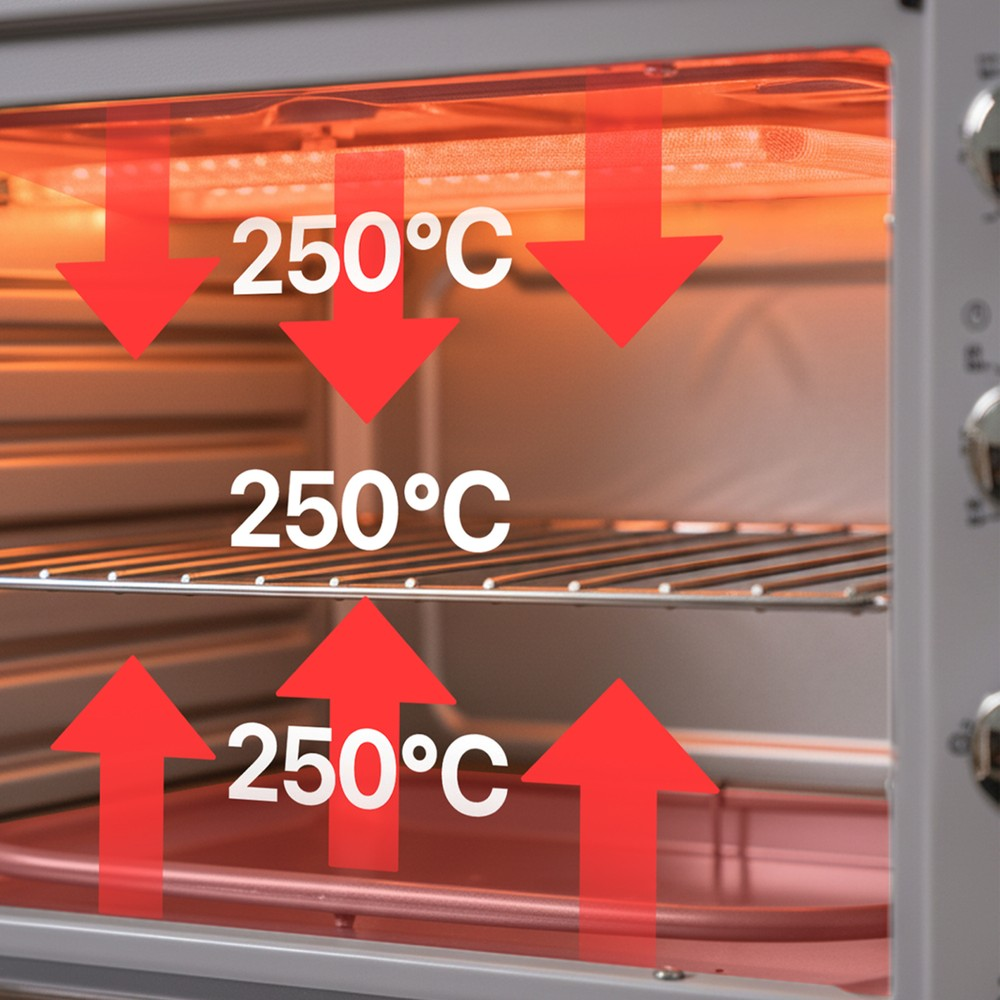 250 derece Celsius işaretleri ve ısıyı gösteren kırmızı oklar olan bir fırının içi.