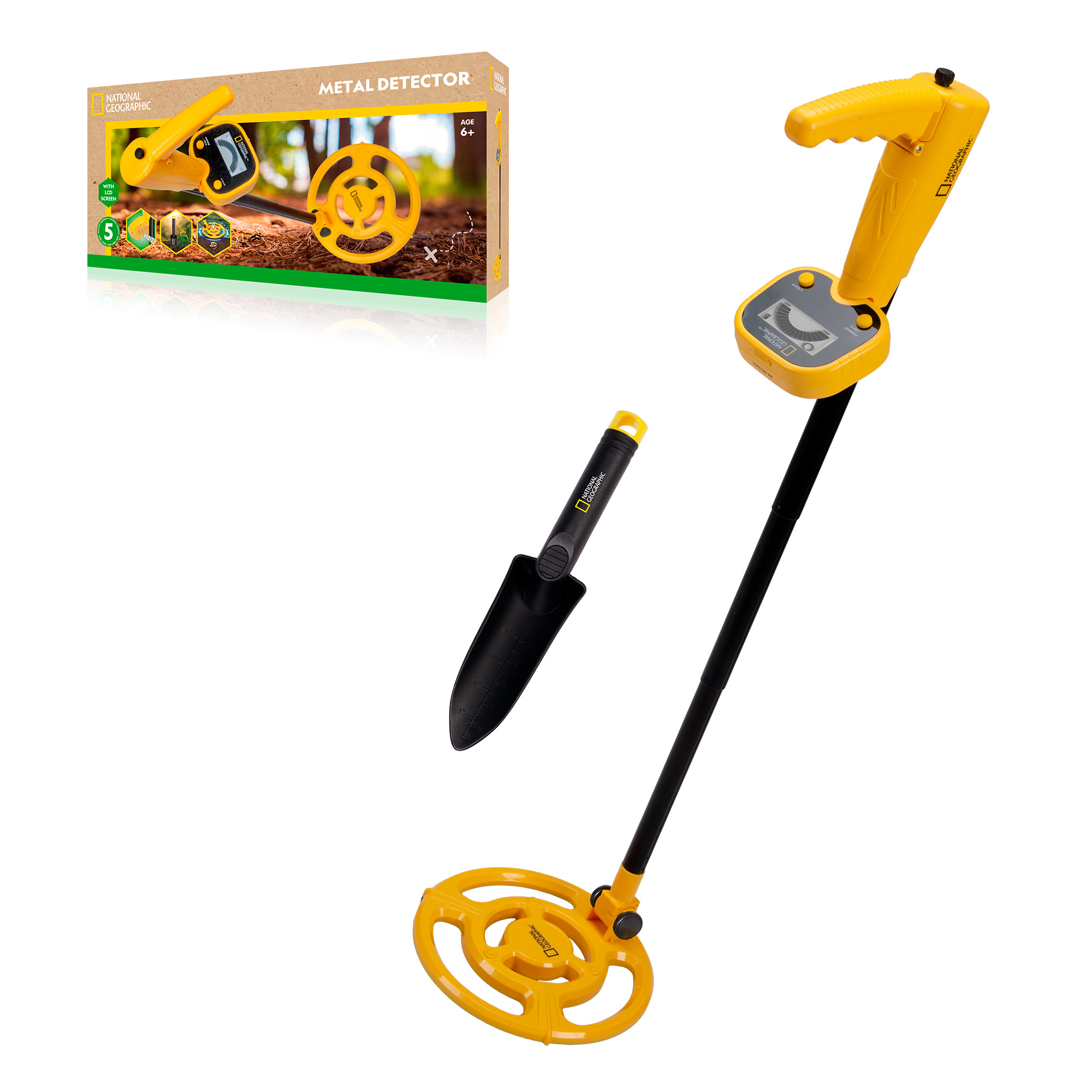 Detector de metales amarillo y negro con una pala pequeña y su caja de cartón sobre fondo blanco.