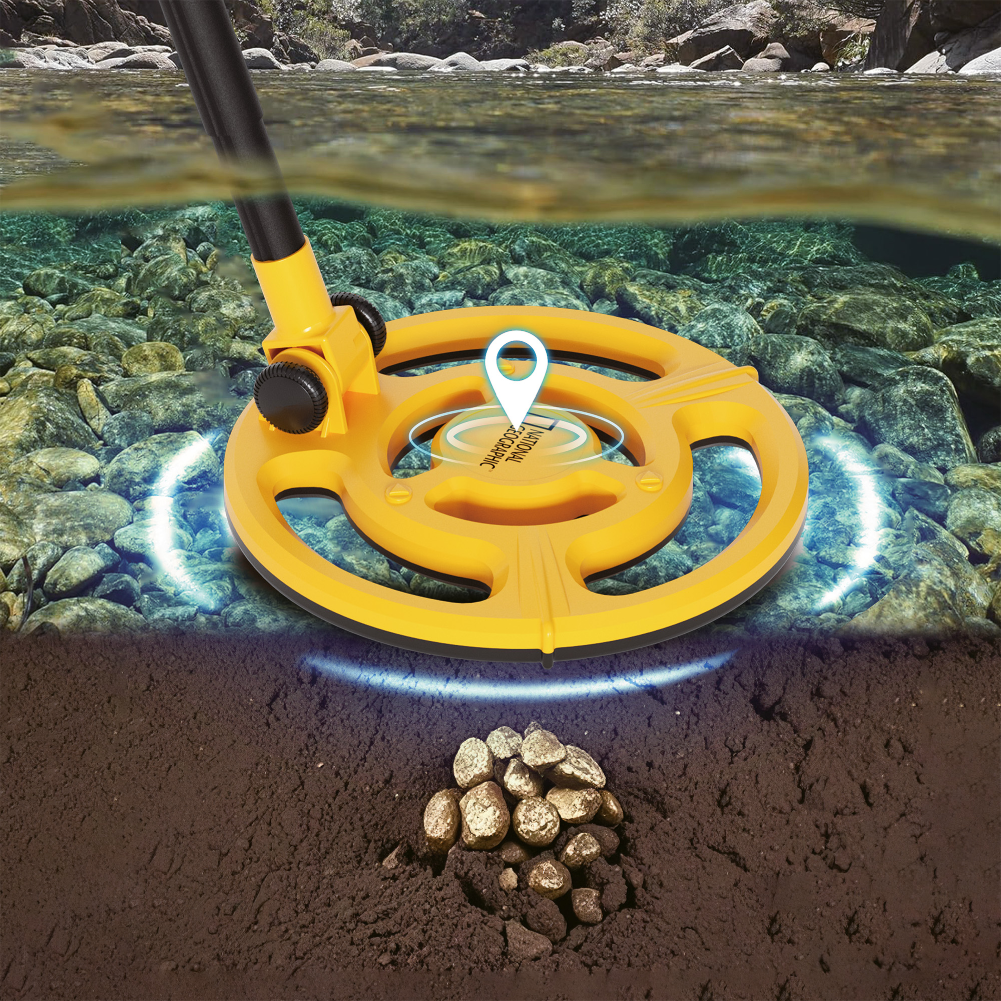 Bobina de detector de metales en un río sobre pepitas de oro enterradas.