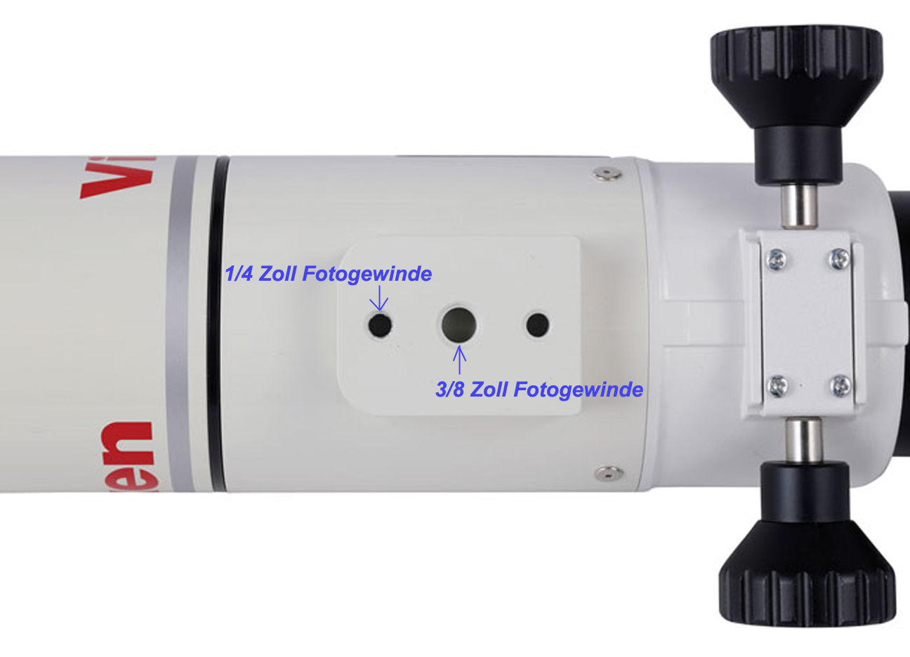 Tubo de telescopio blanco con roscas fotográficas de 1/4 y 3/8 pulgadas.