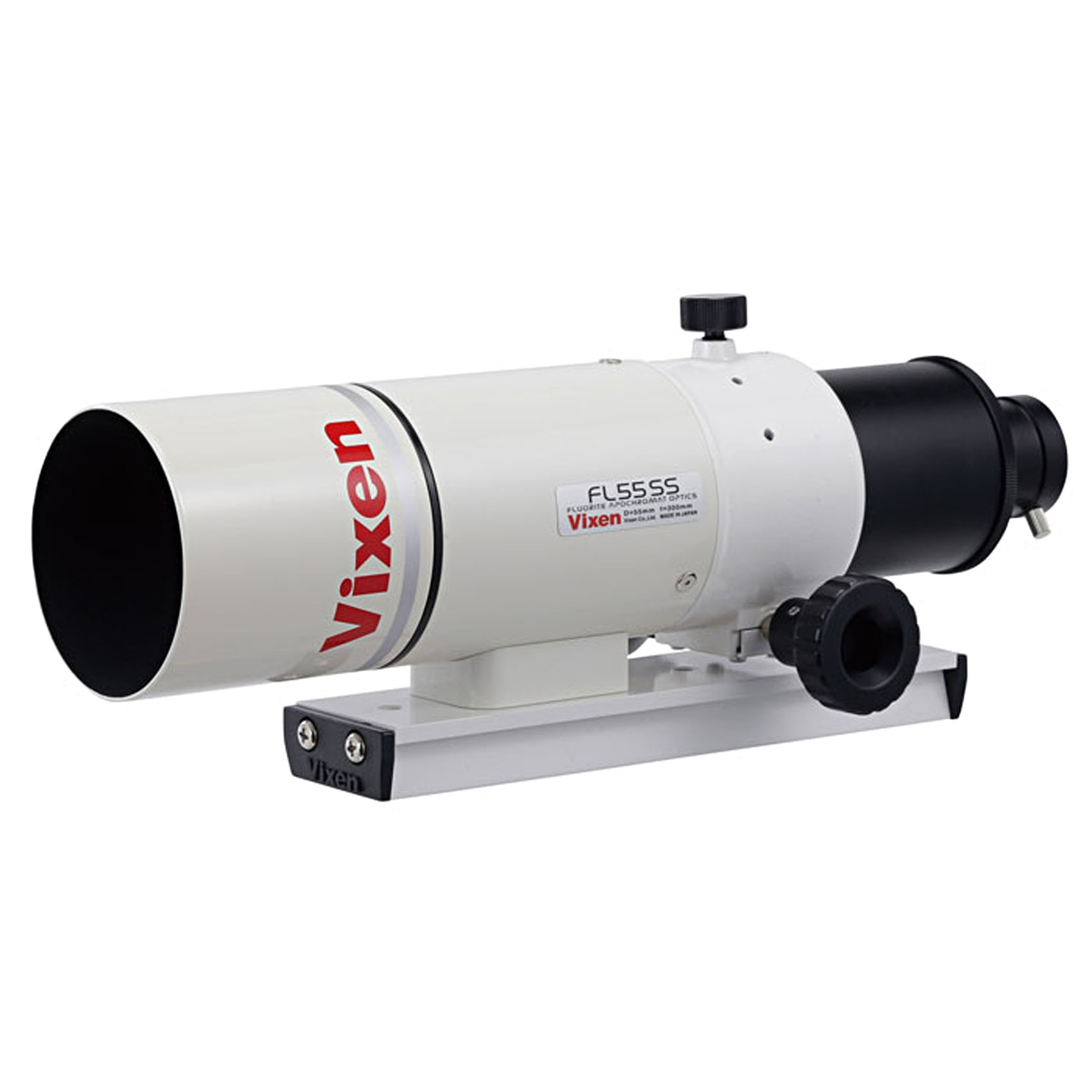 Un telescopio blanco Vixen FL55SS con detalles negros en una barra de montaje.