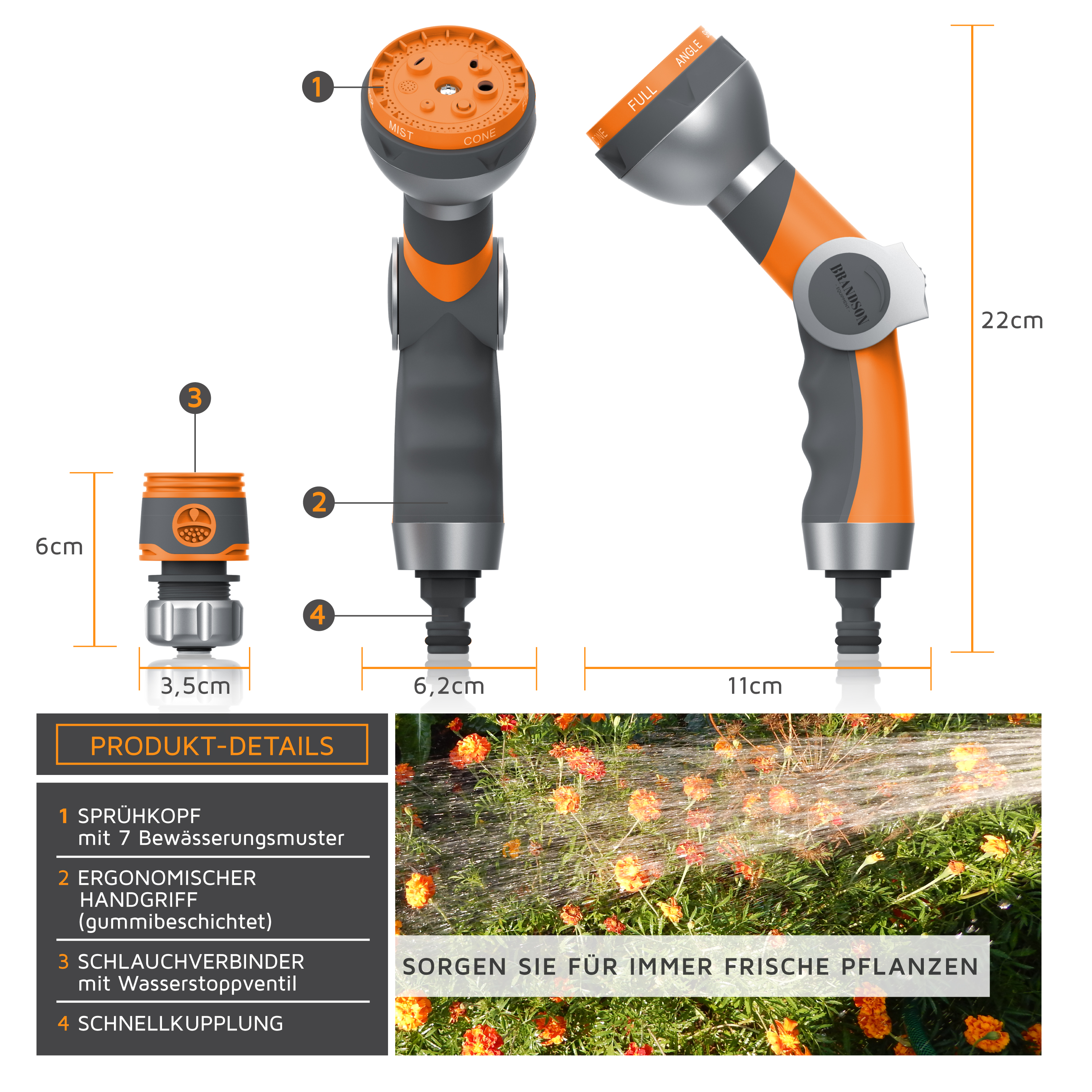 Technische Zeichnung einer orange-grauen Gartenbrause mit Maßen und Produkt-Details.