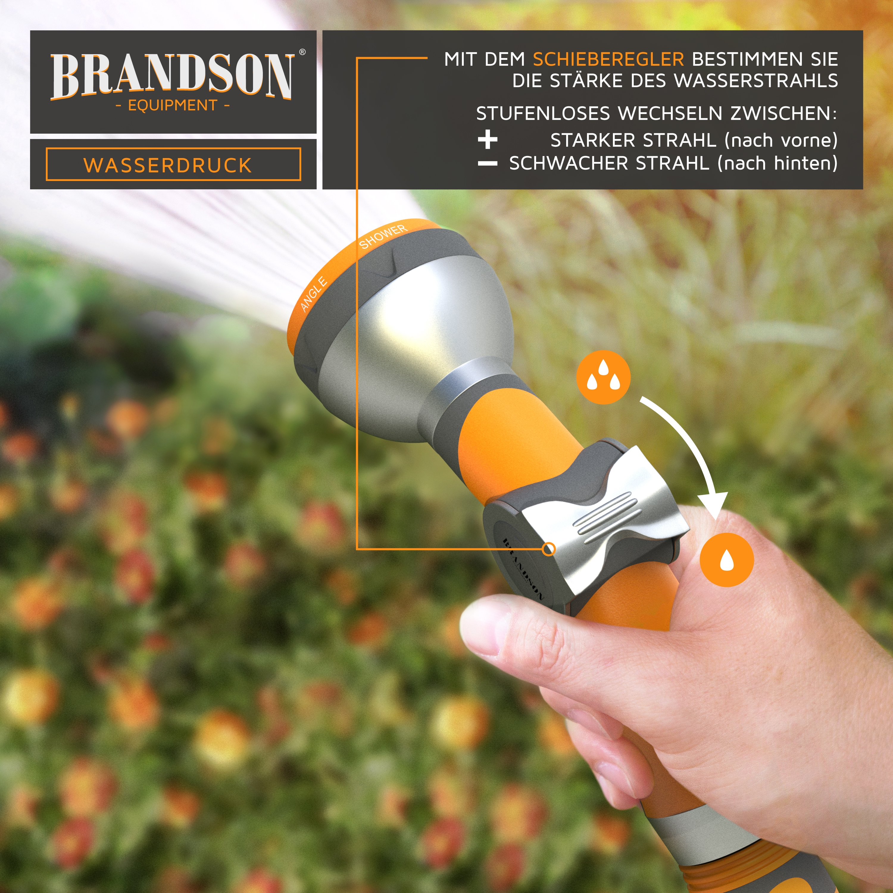 Hand hält orangen Brandson Gartenschlauch mit Schieberegler für Wasserdruck und Text.
