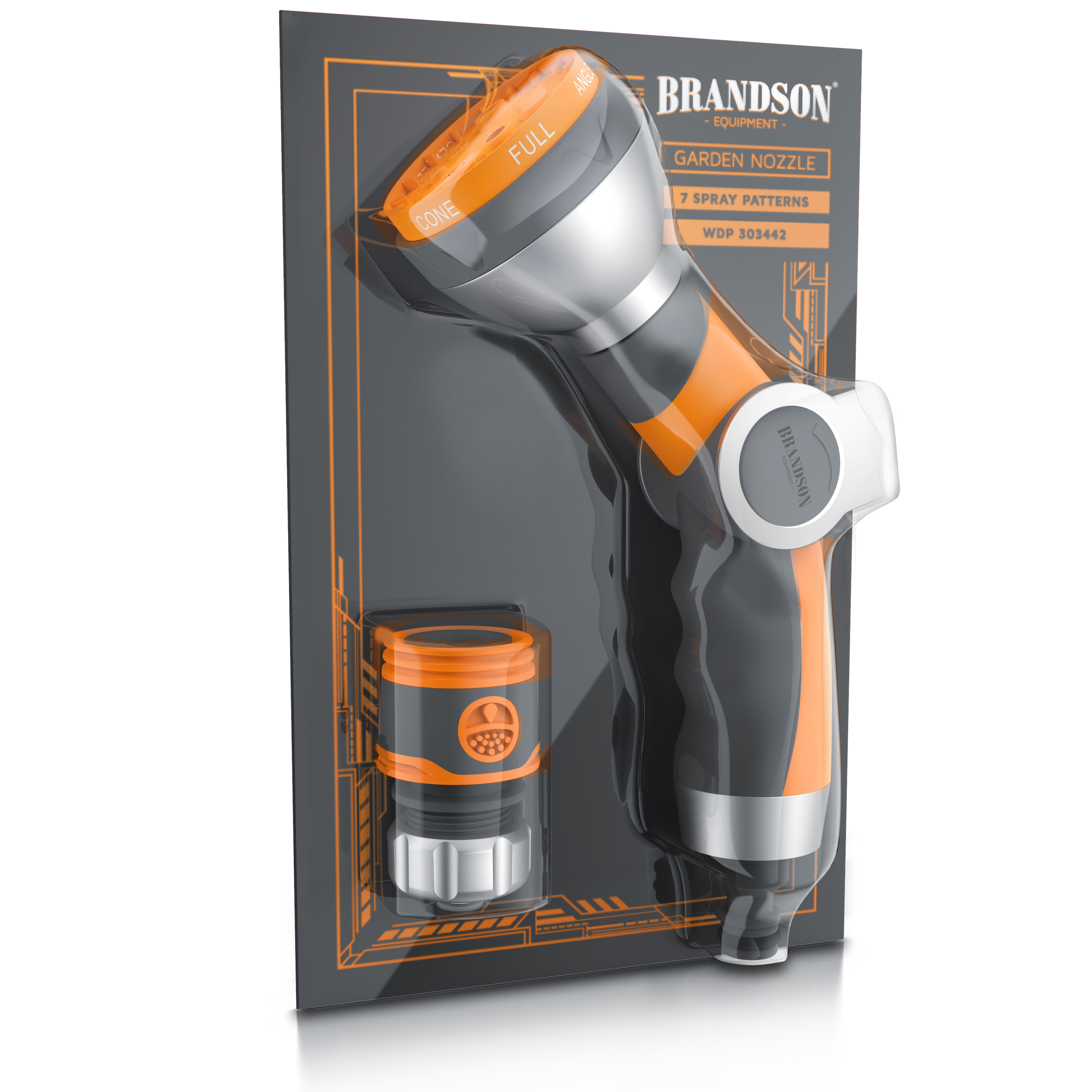 Brandson Gartenbrause in orange-schwarzer Verpackung mit Steckadapter.