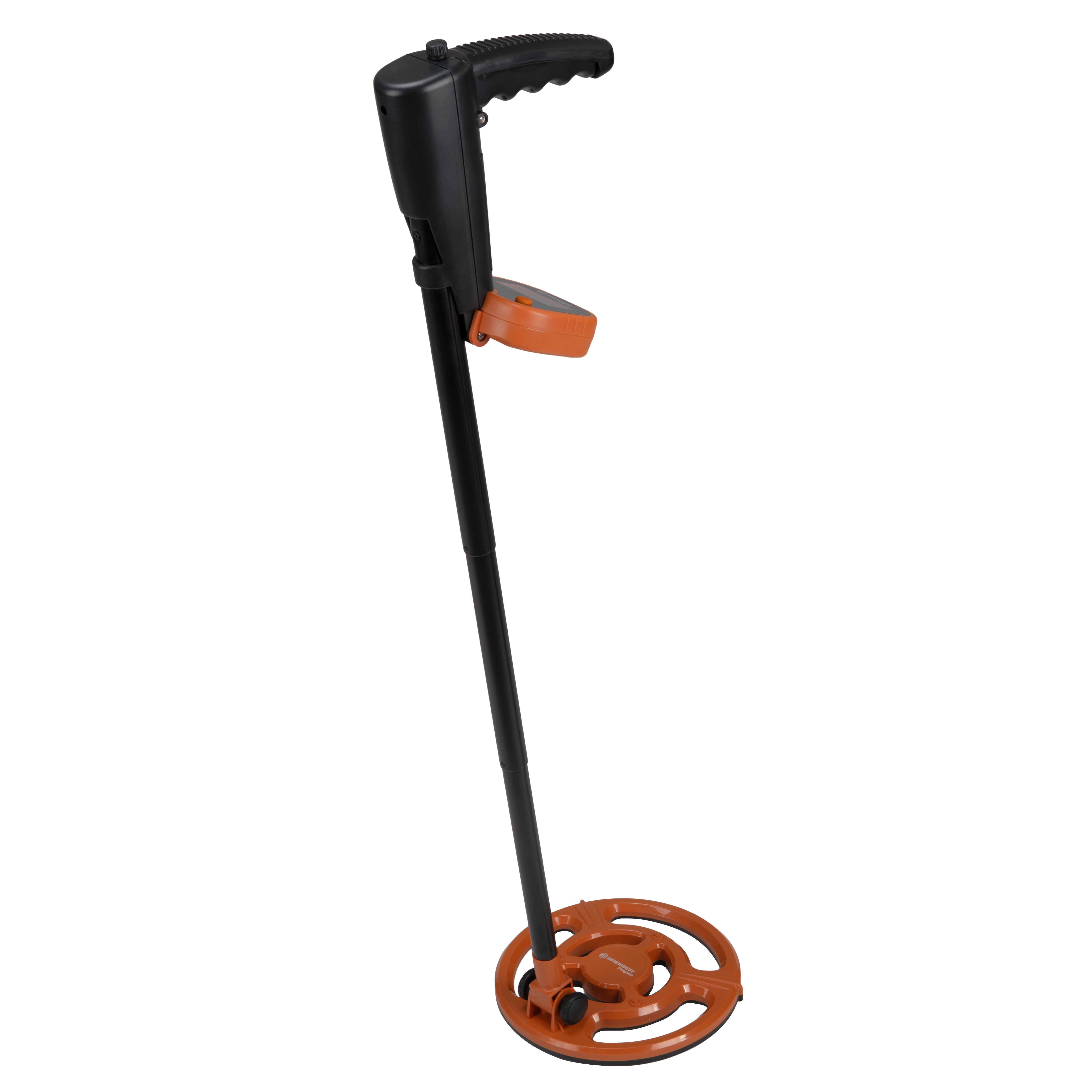 Un detector de metales negro con una bobina de búsqueda naranja y pantalla sobre fondo blanco.