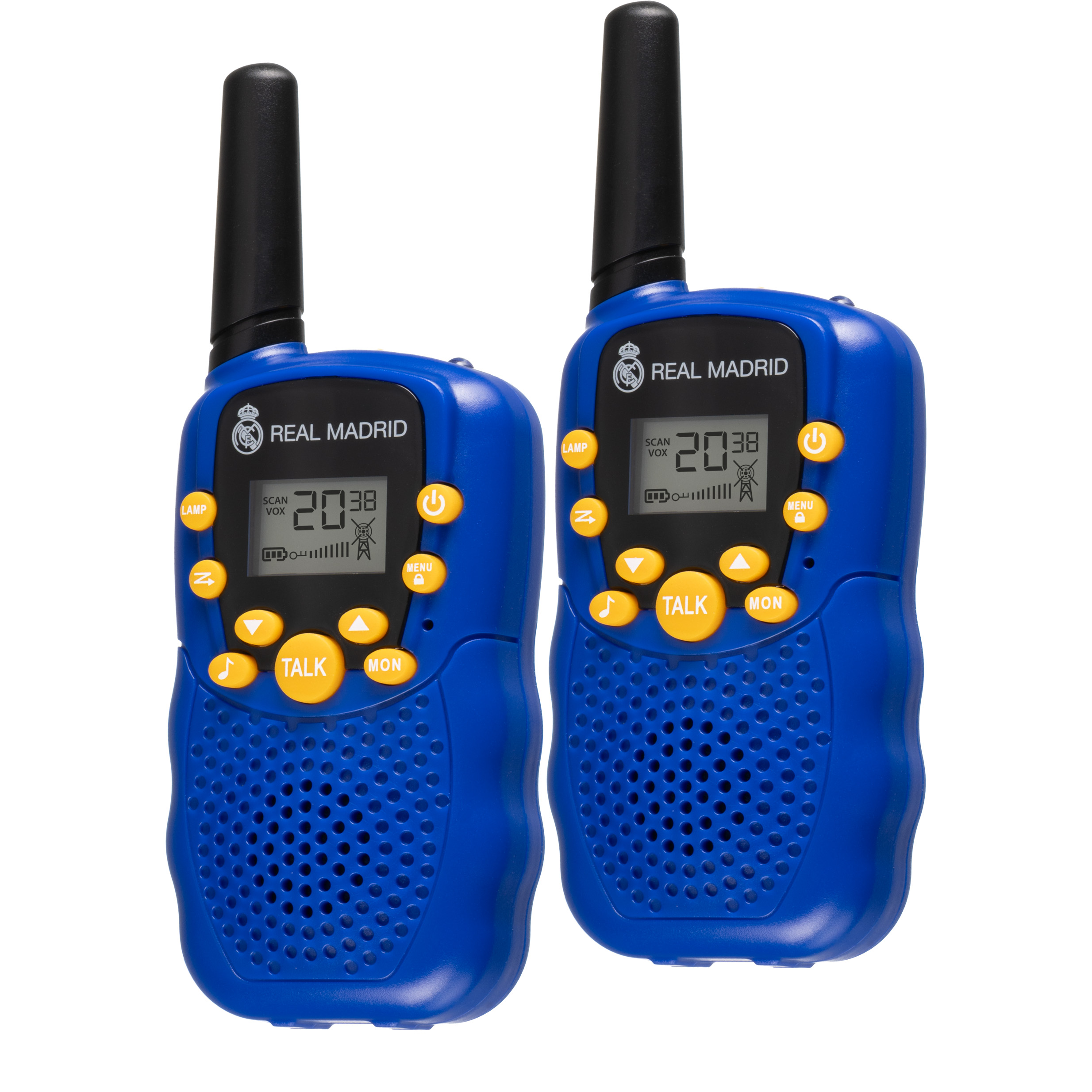 Dos walkie-talkies azules del Real Madrid con antenas negras y botones amarillos sobre fondo blanco.