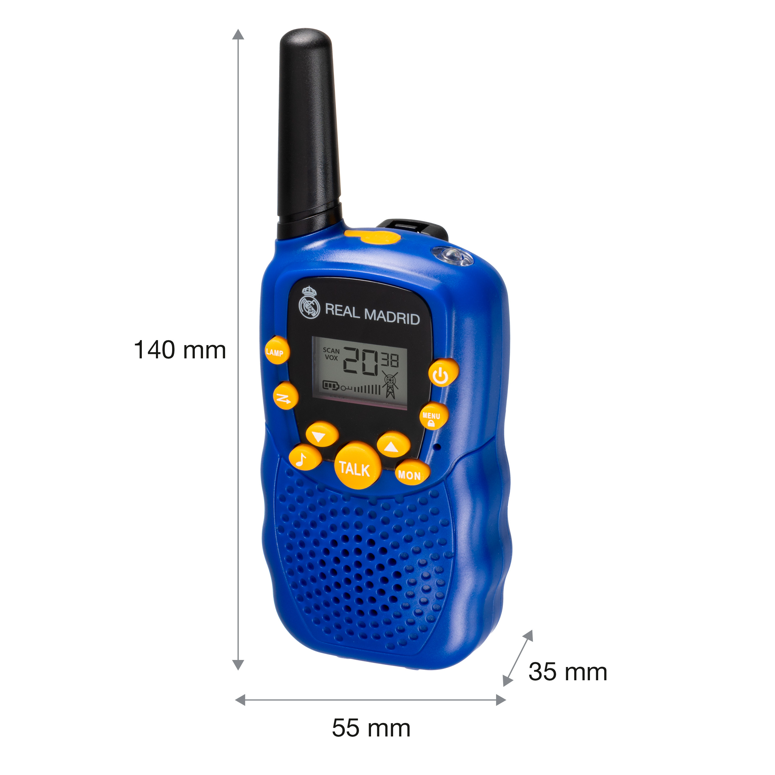 Un walkie-talkie azul y amarillo del Real Madrid con dimensiones de 140 mm de alto, 55 mm de ancho y 35 mm de profundidad.