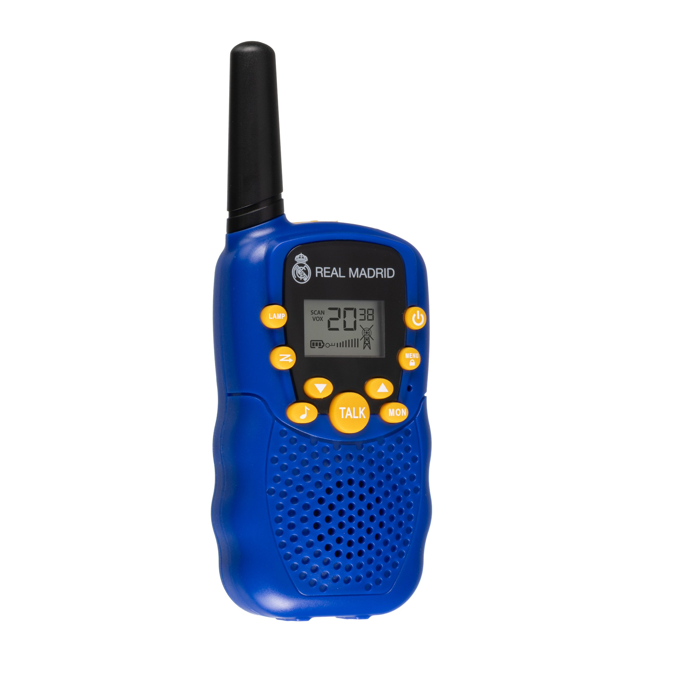 Un walkie-talkie azul del Real Madrid con botones amarillos y pantalla negra sobre fondo blanco.
