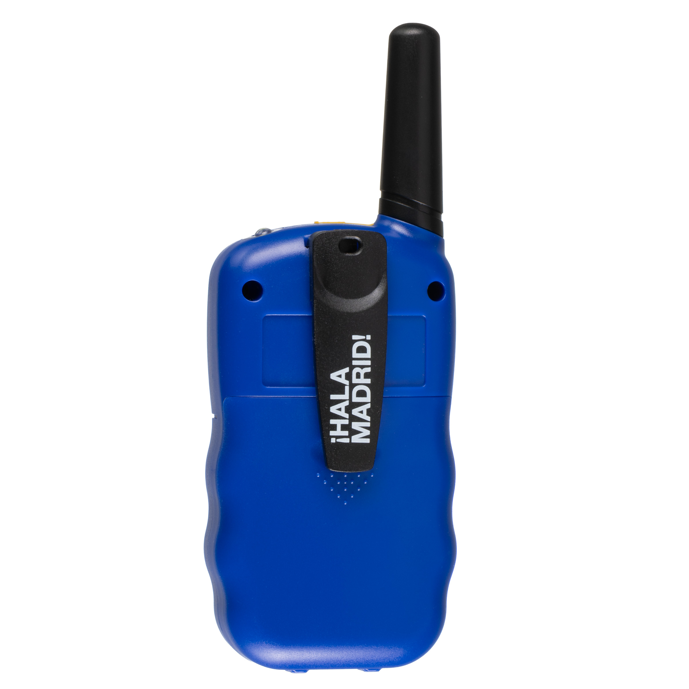 Vista trasera de un walkie-talkie azul con antena negra y clip para cinturón con la inscripción ¡HALA MADRID! sobre fondo blanco.