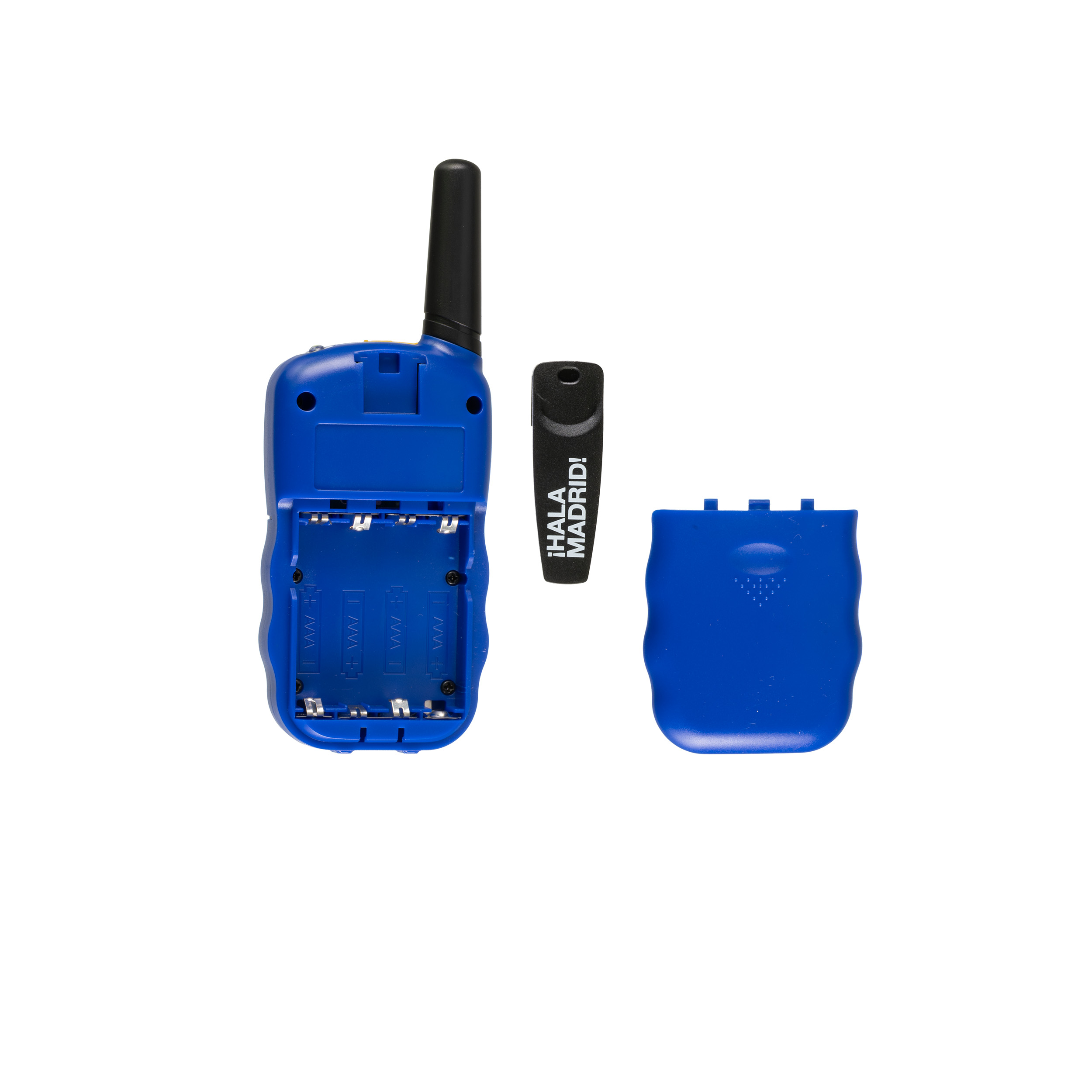 Un walkie-talkie azul con compartimento de pilas abierto, clip negro y tapa azul sobre fondo blanco.
