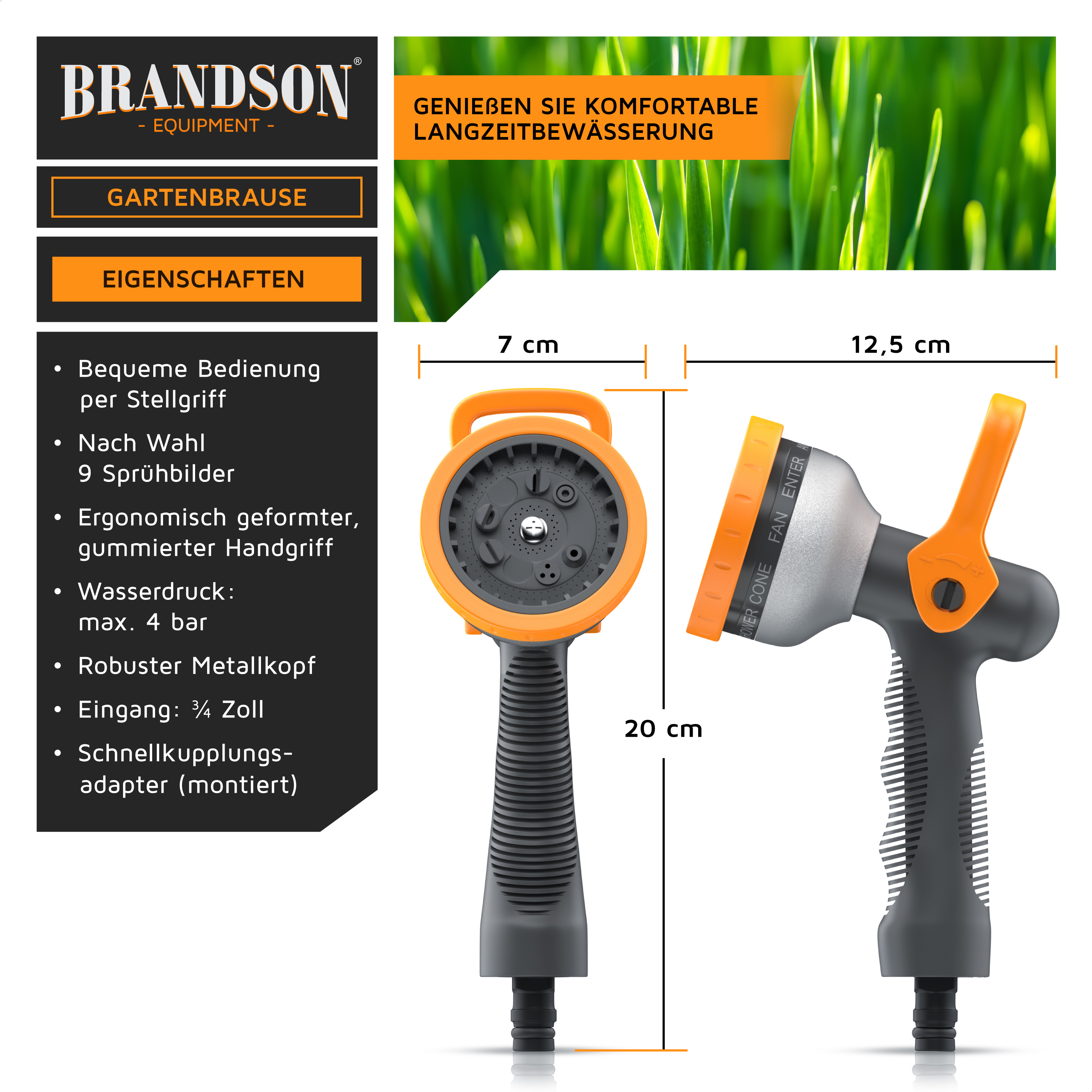 Brandson Gartenbrause mit Maßen und Eigenschaften auf schwarzem Hintergrund und grünem Gras.