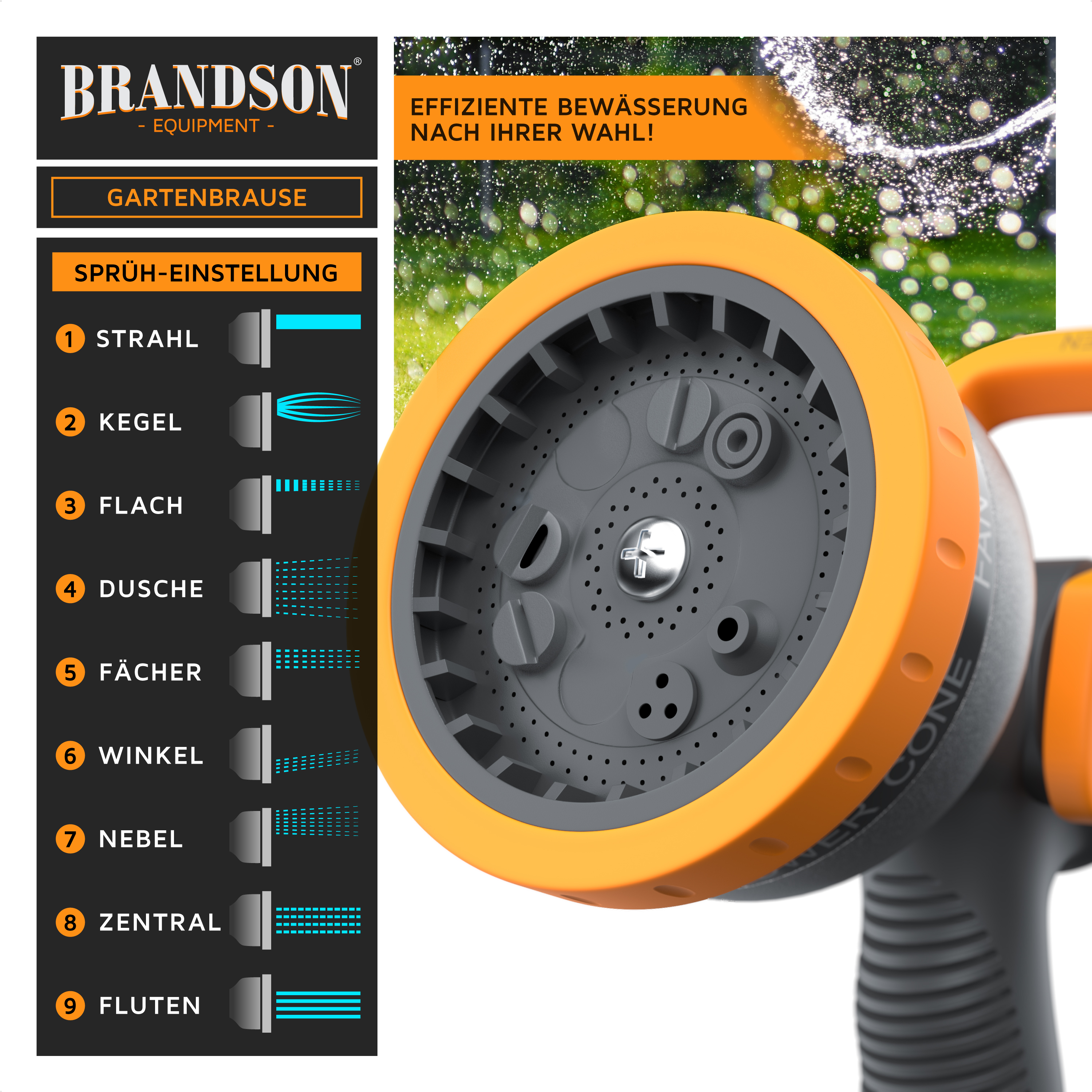 Brandson Gartenbrause mit 9 Sprüheinstellungen, orange-graues Design, zeigt Sprühbilder.