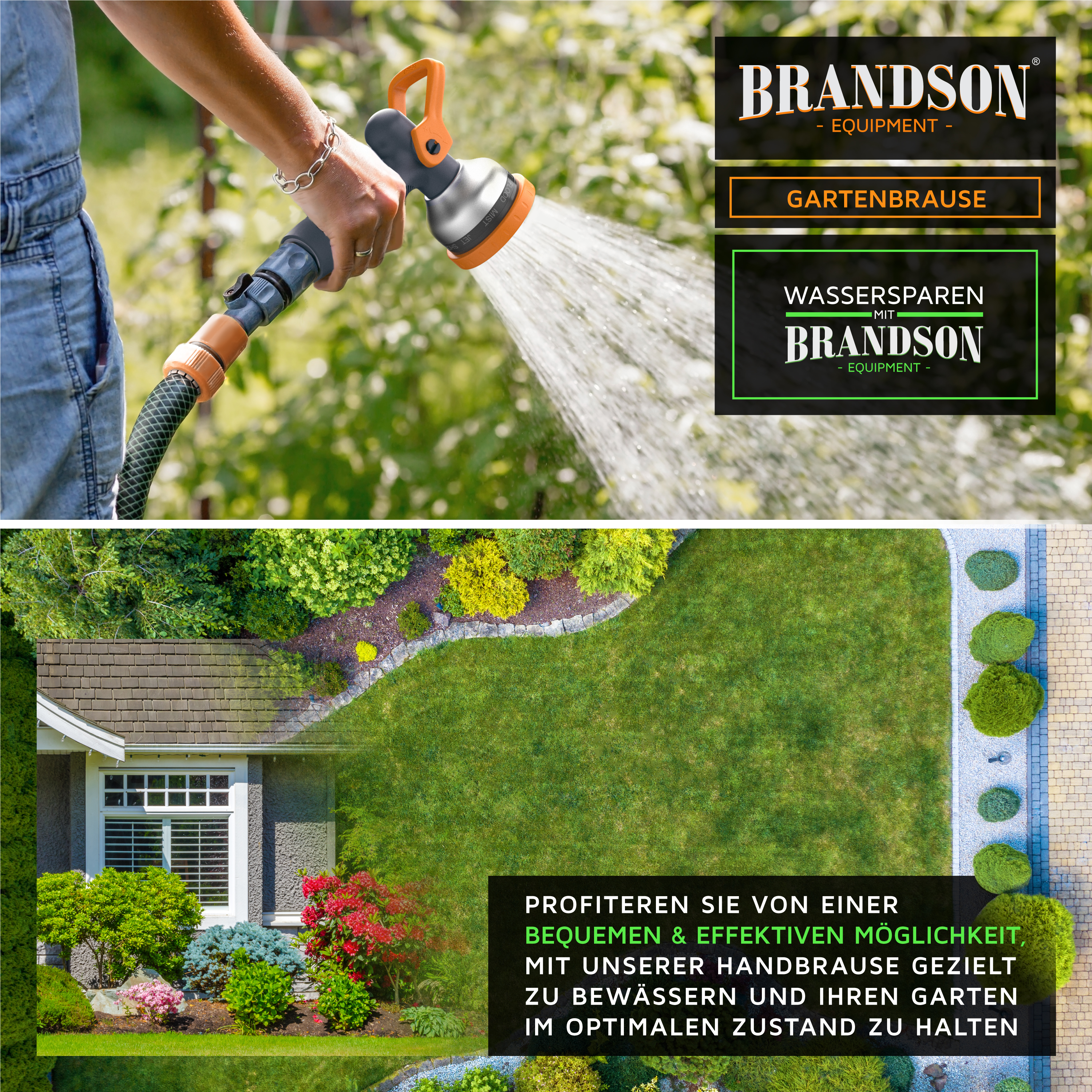 Person gießt mit einer grauen und orangen Gartenbrause Pflanzen im Garten, mit Brandson-Logo und Text.