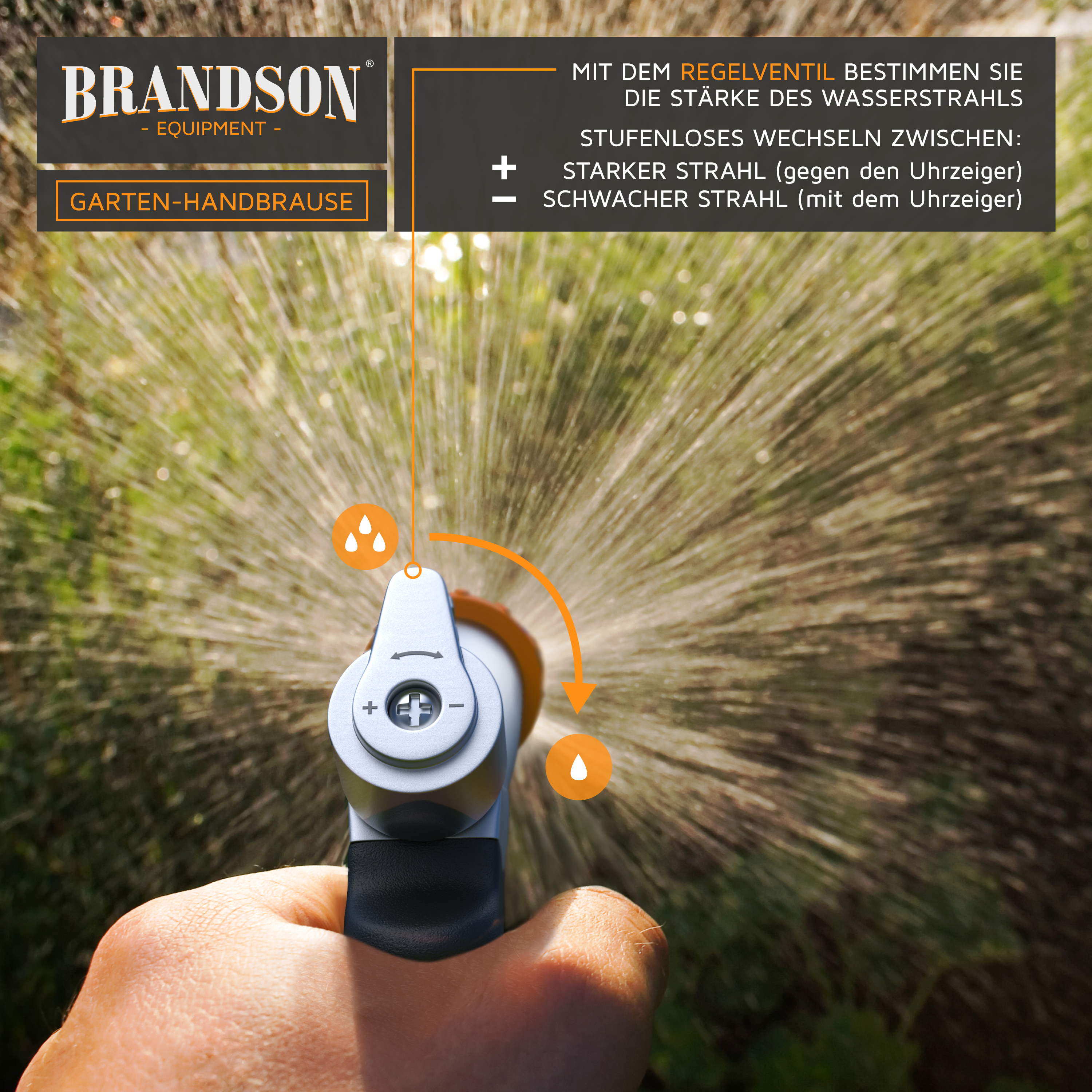 Eine Hand hält eine Brandson Gartenbrause, die Wasser sprüht, mit deutschem Text und Symbolen.
