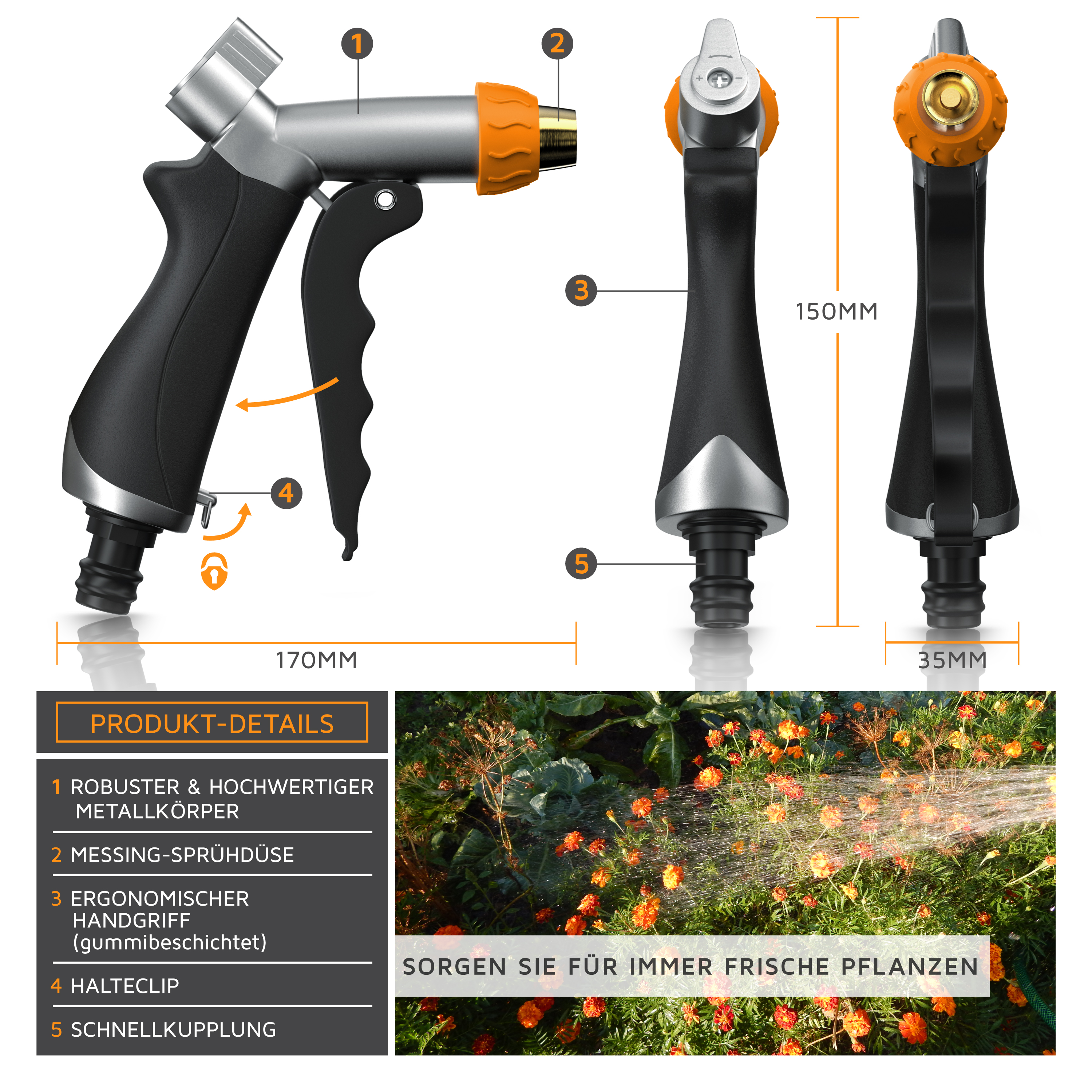Technische Zeichnung und Details einer Metall-Garten-Spritzpistole mit Maßen und Sprühbeispiel auf Pflanzen.