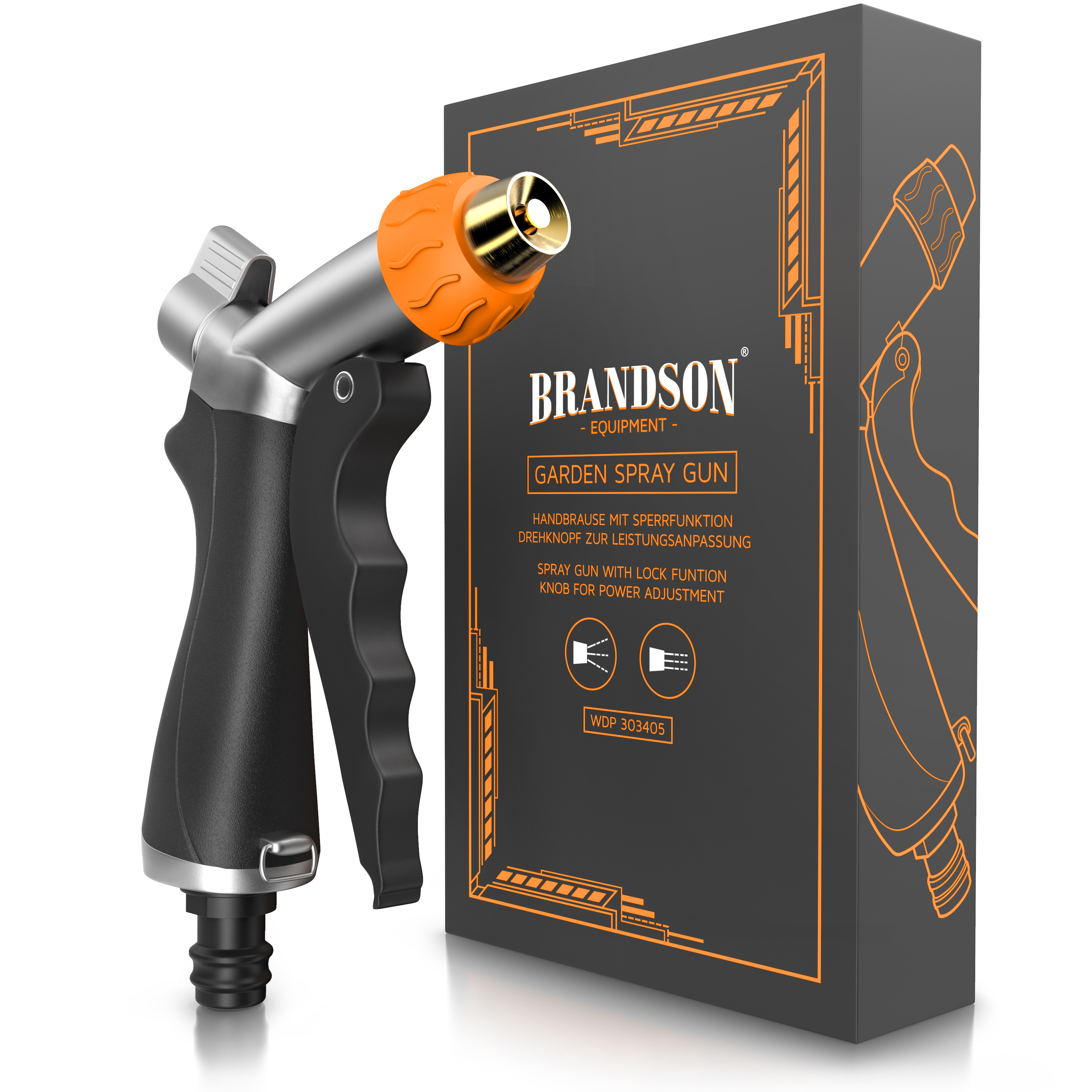 Eine schwarze und silberne Garten-Spritzpistole steht vor einer schwarzen Box mit oranger Beschriftung.