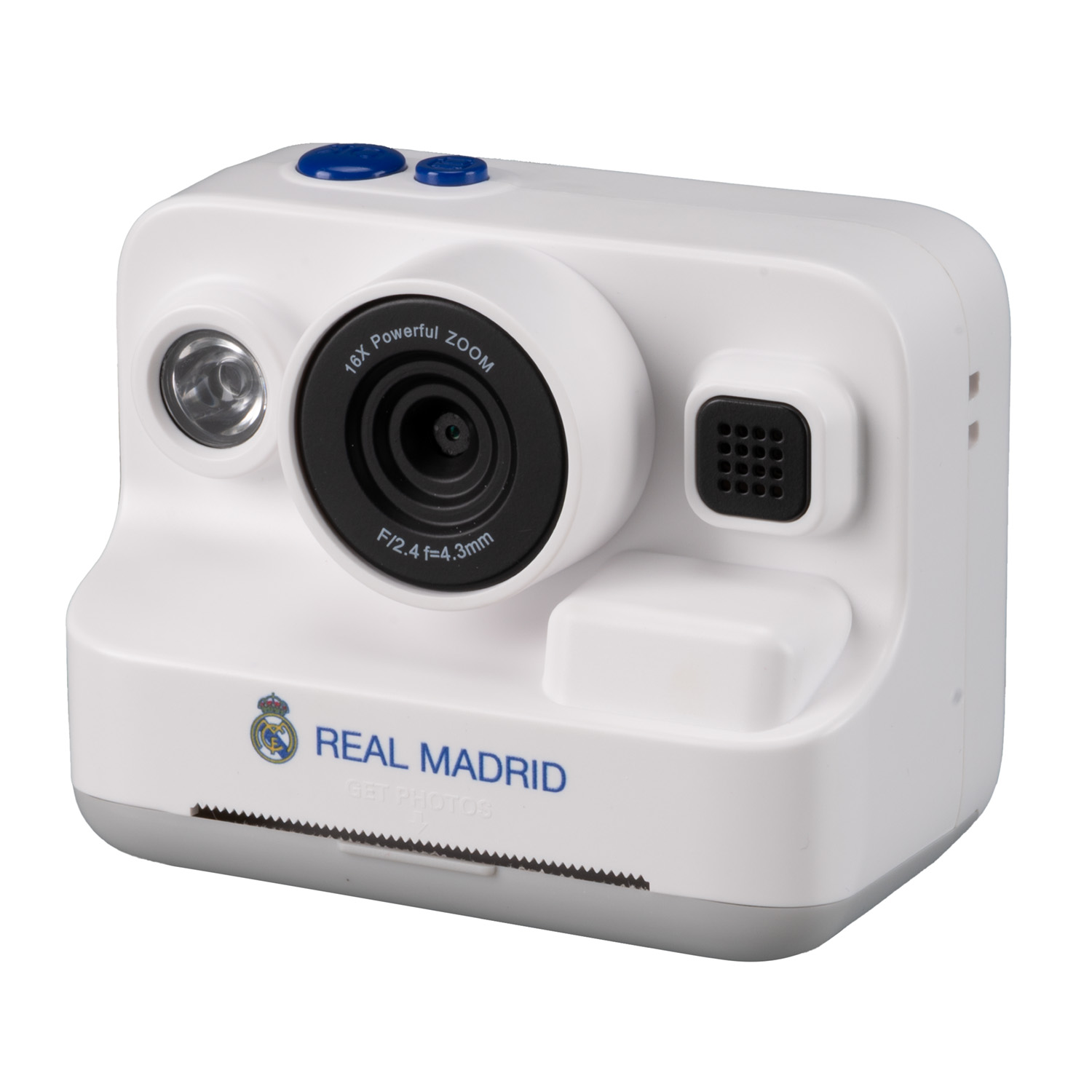Una cámara de juguete blanca para niños con marca de Real Madrid, lente grande, flash y botones azules.