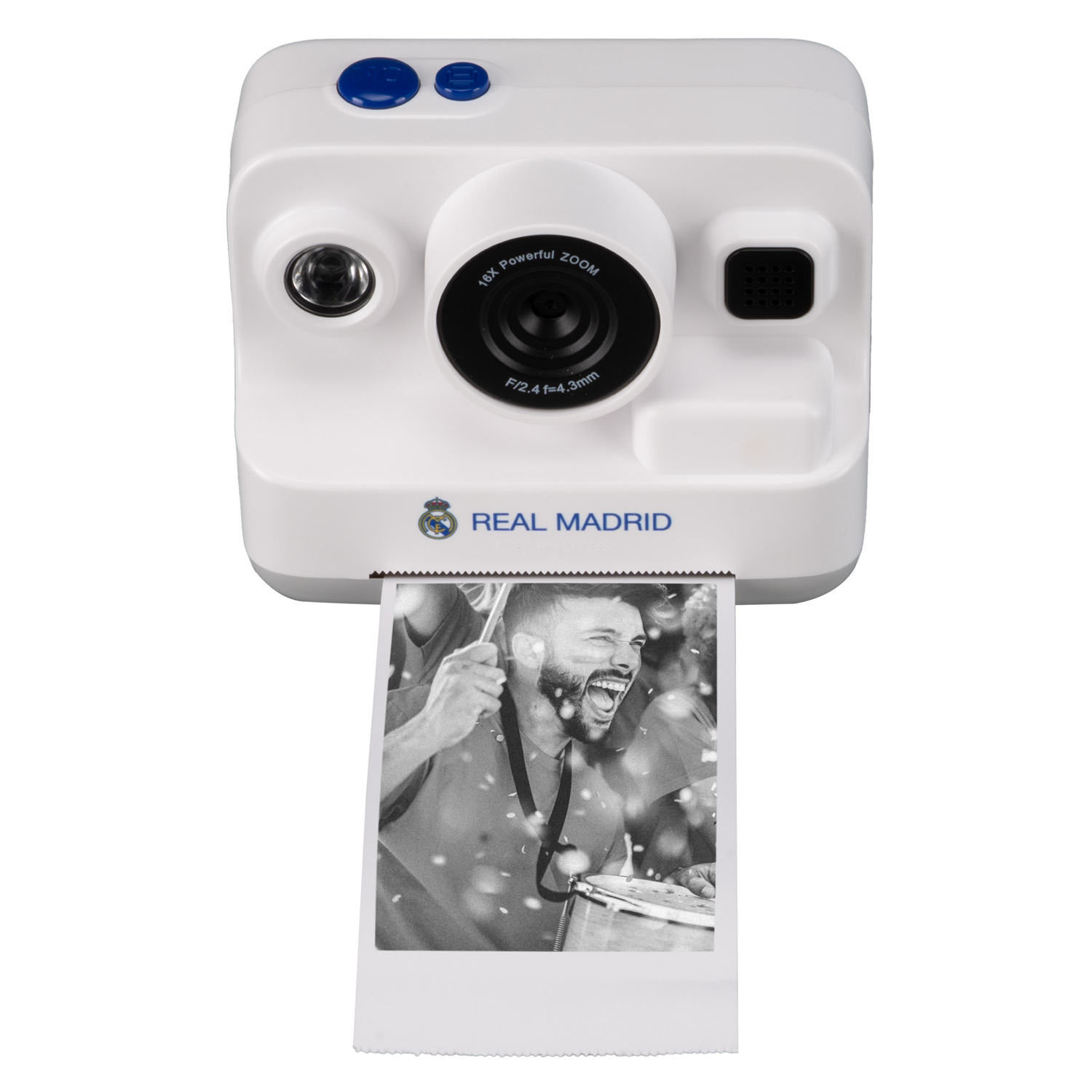Una cámara instantánea blanca con la marca del Real Madrid imprime una foto en blanco y negro de un baterista.