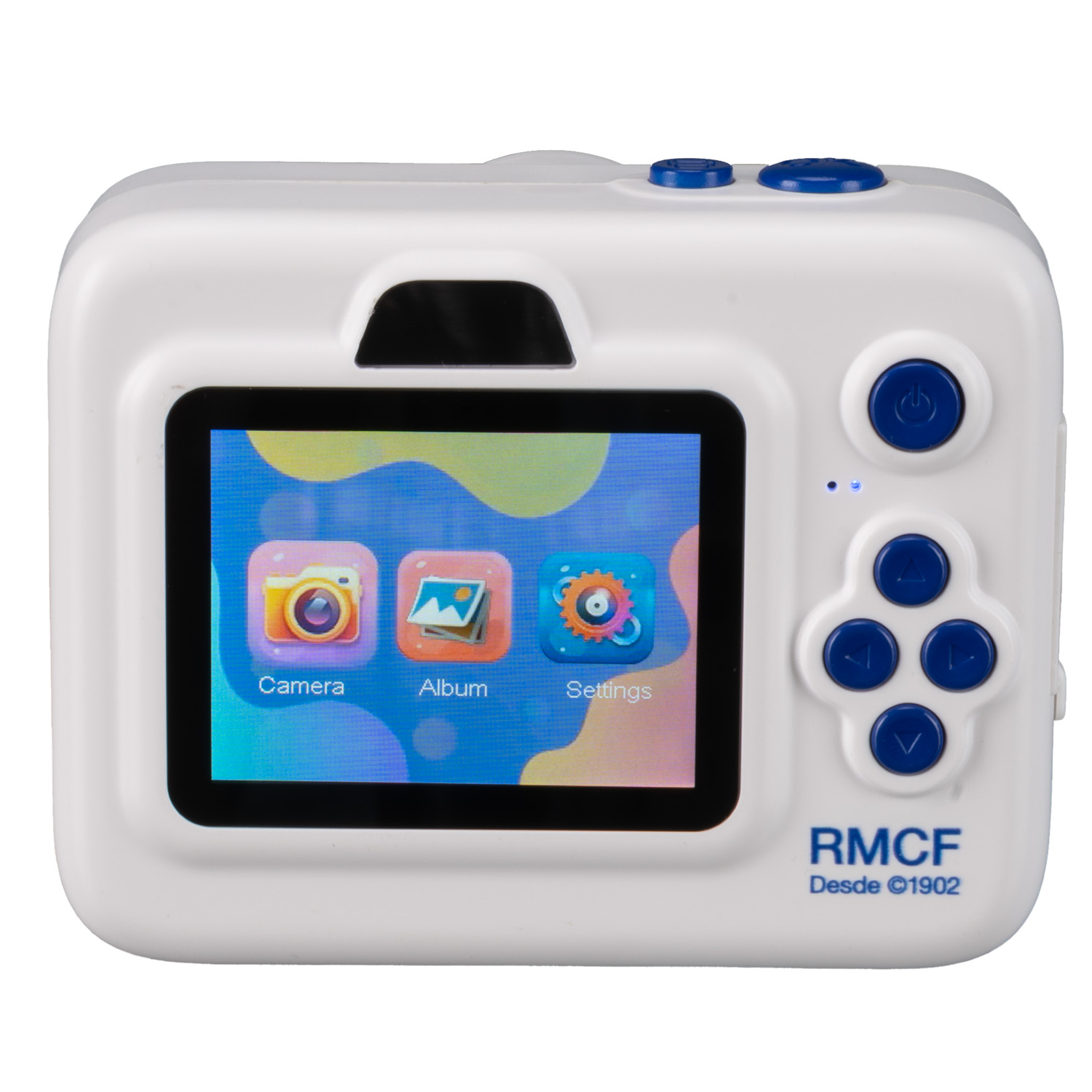 Cámara digital infantil blanca y azul con pantalla que muestra iconos de cámara, álbum y ajustes sobre un fondo colorido.