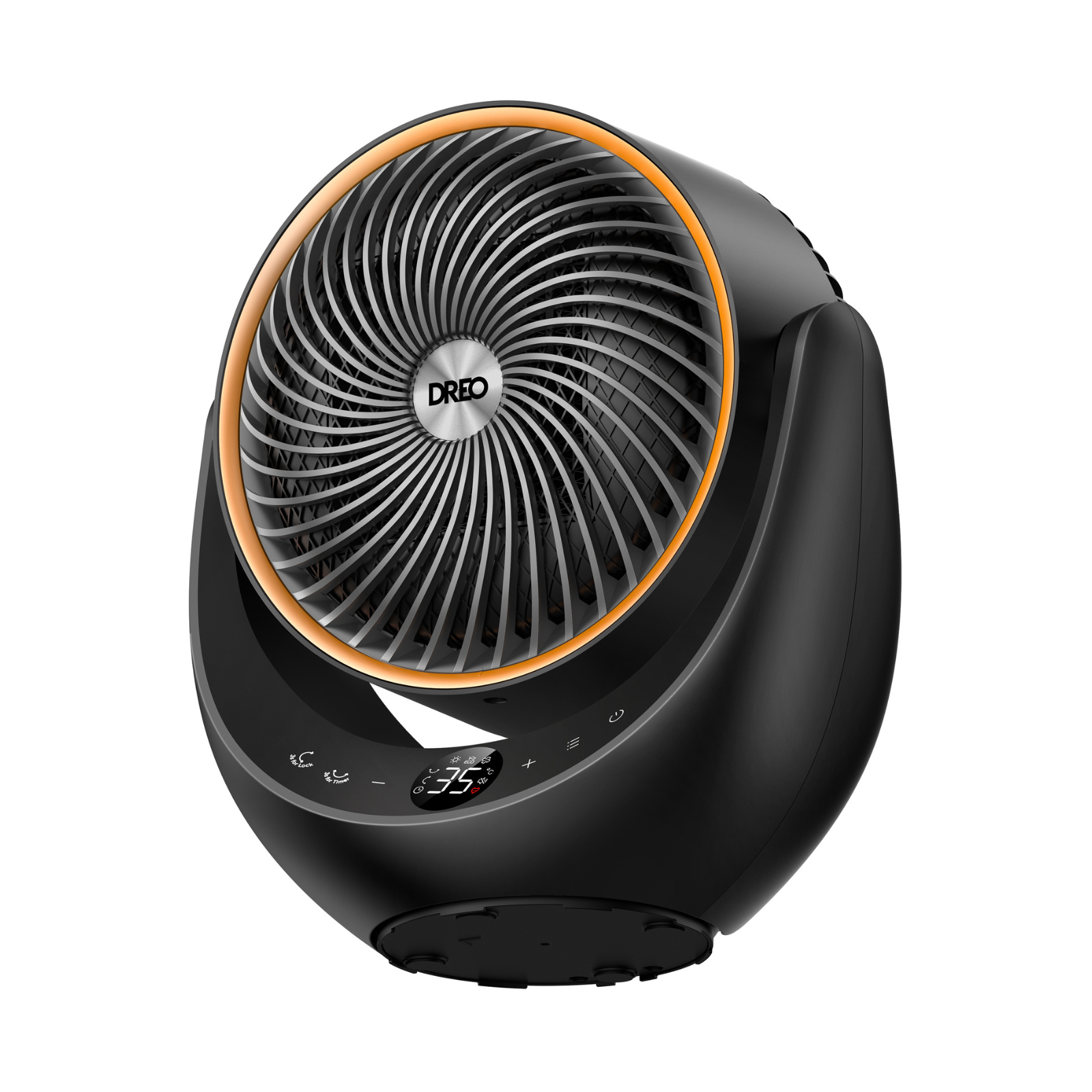 Black DREO space heater with an orange ring, spiral grille, and digital display.