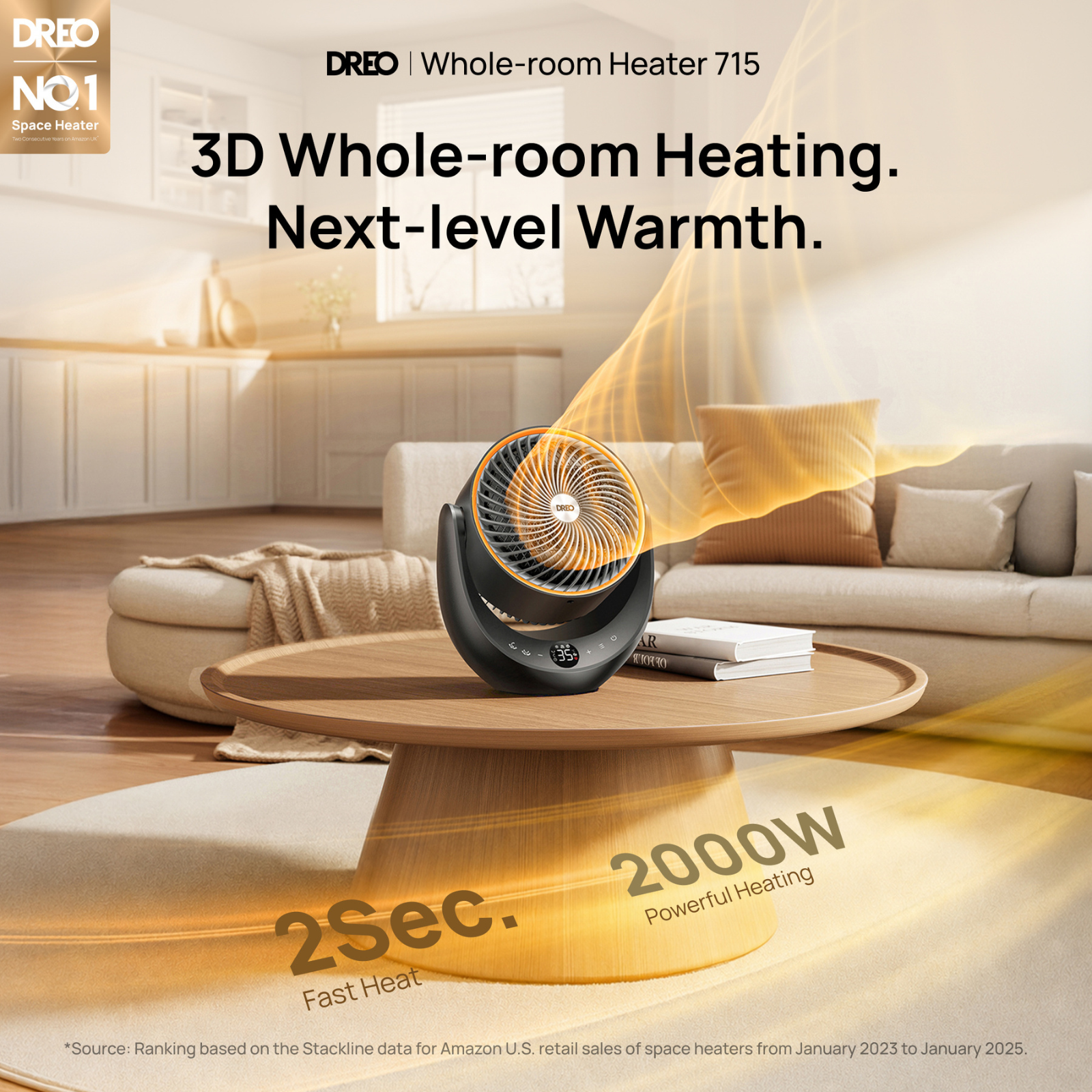 A black Dreo space heater sits on a wooden coffee table in a modern living room, radiating warm orange heat waves.