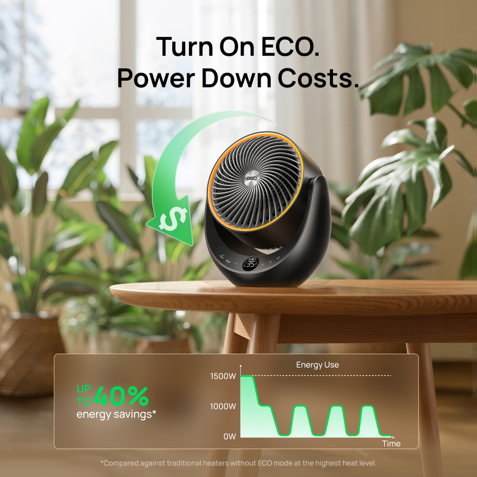 A black ceramic heater on a wooden table displays energy savings.