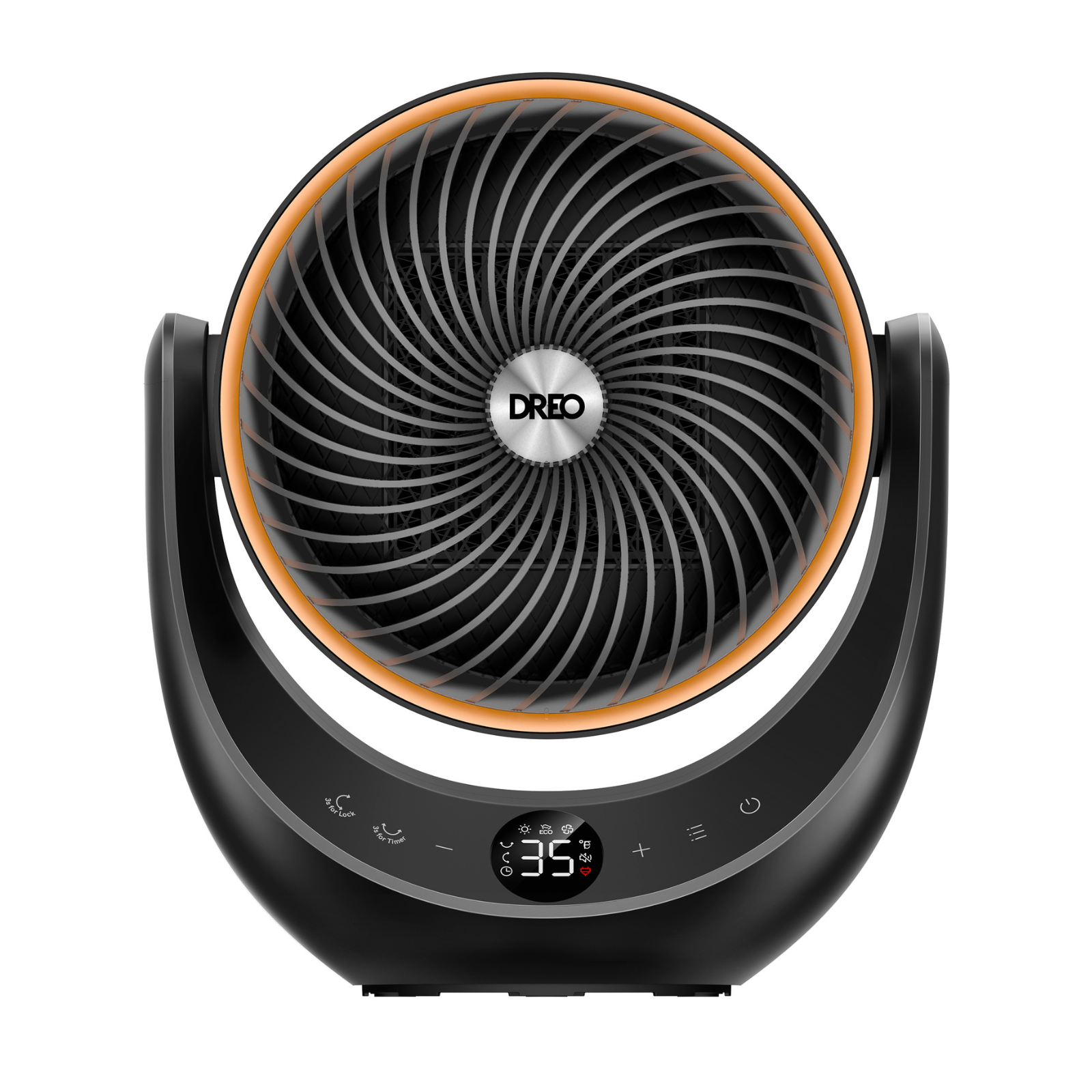 Black Dreo space heater with an orange accent ring, digital display, and a curved stand.