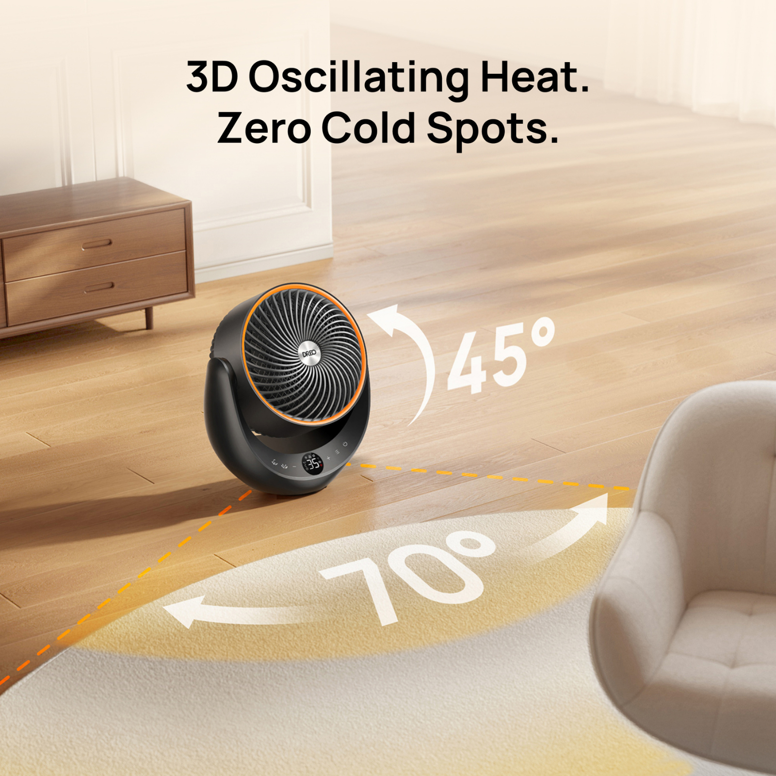 A black space heater on a wooden floor, with 45 and 70-degree oscillation diagrams.