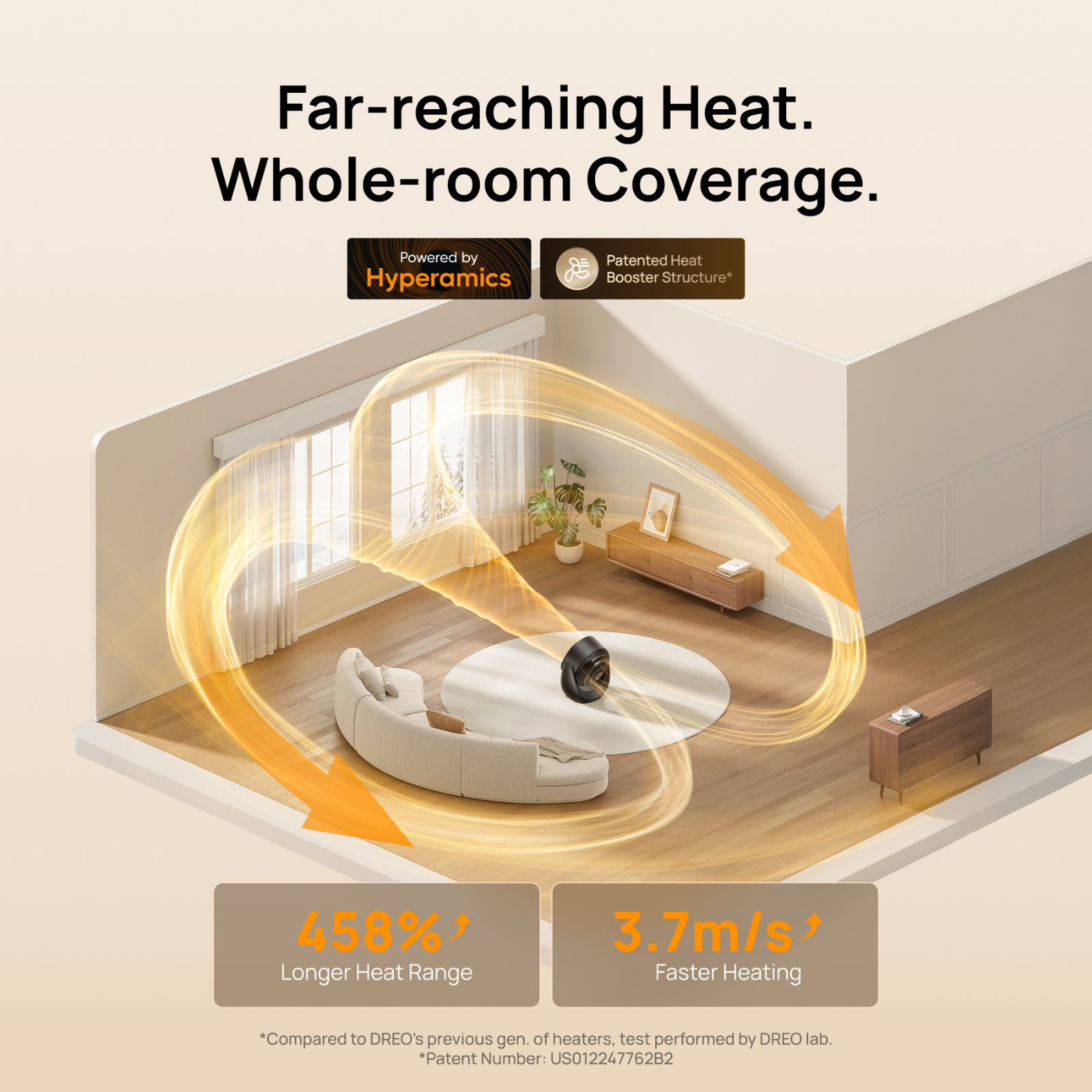A room heater shows its wide reach and heating power with orange air swirls in a modern living room.