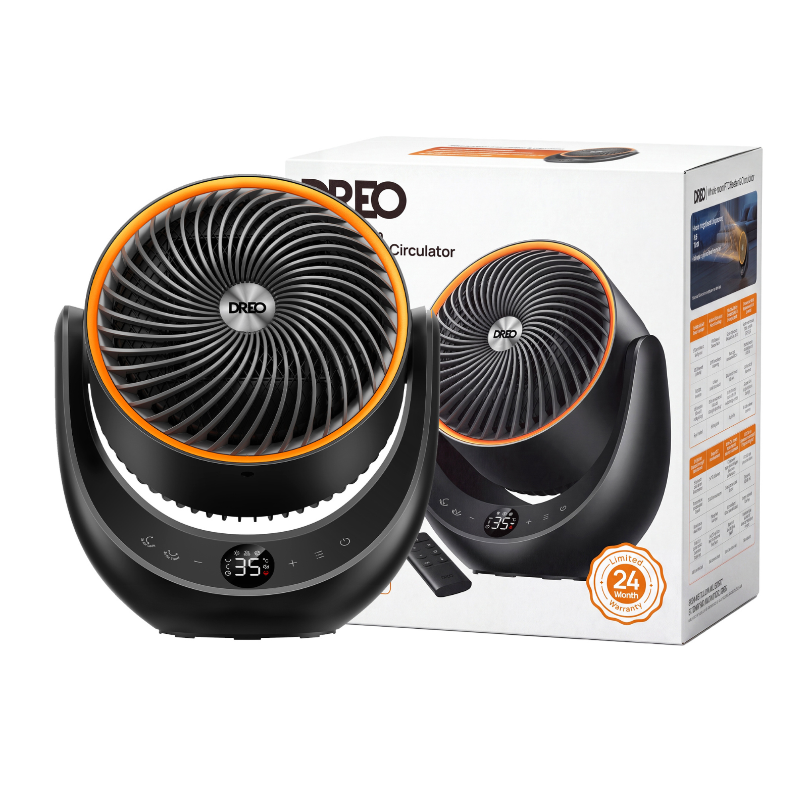 A black Dreo space heater with an orange ring stands in front of its product box on a white background.