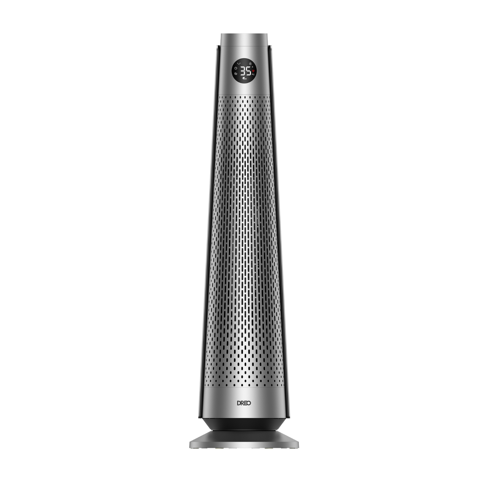 Silver DREO tower heater with perforated metal grille and digital display against a white background.