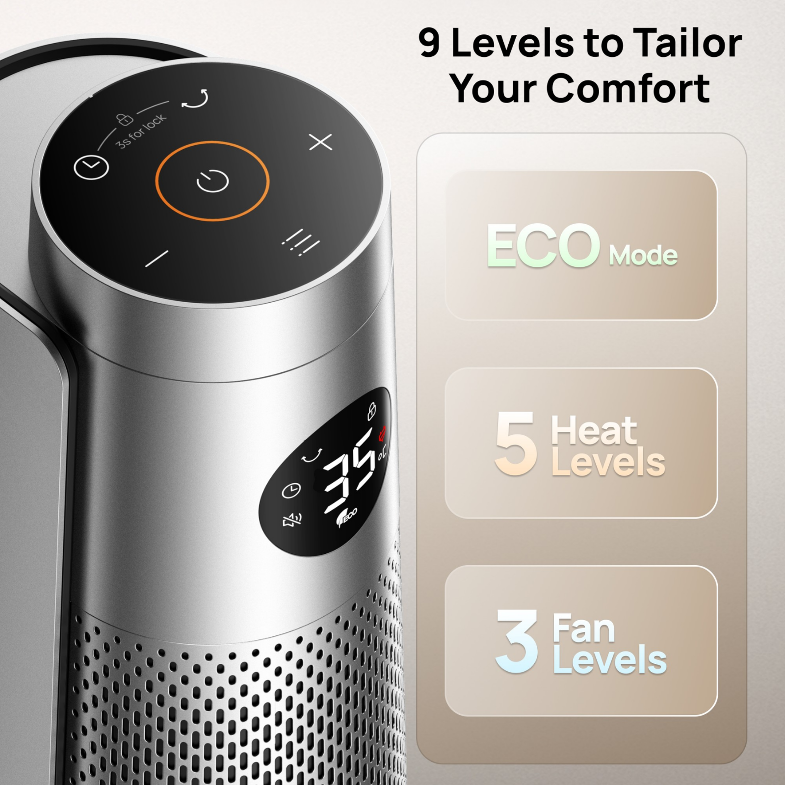 Silver space heater with digital display, touch controls, and text highlighting 9 comfort levels.