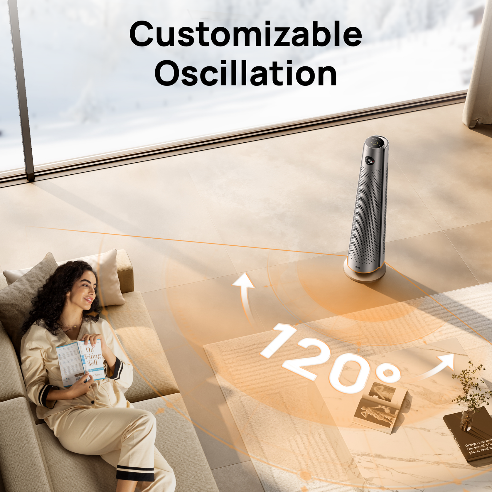 A woman reads on a sofa while a tower fan shows 120-degree oscillation.