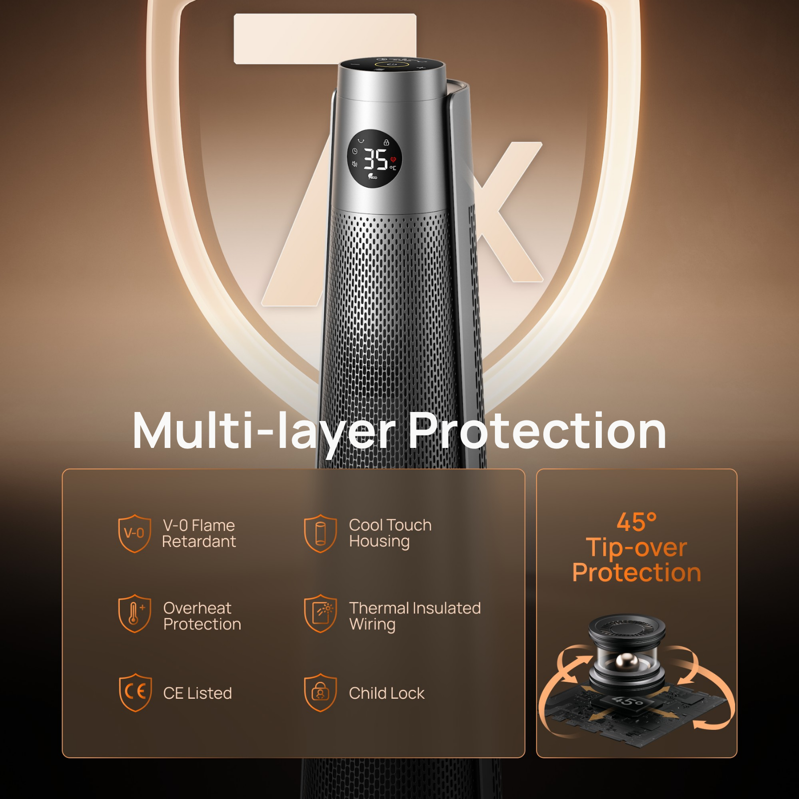 Tower heater with multi-protection features and digital display against brown background.