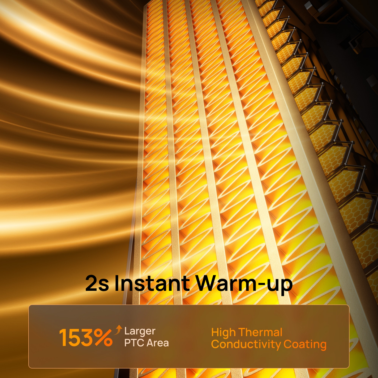 Golden heating fins radiate intense warmth, with text about rapid heating and the PTC area.