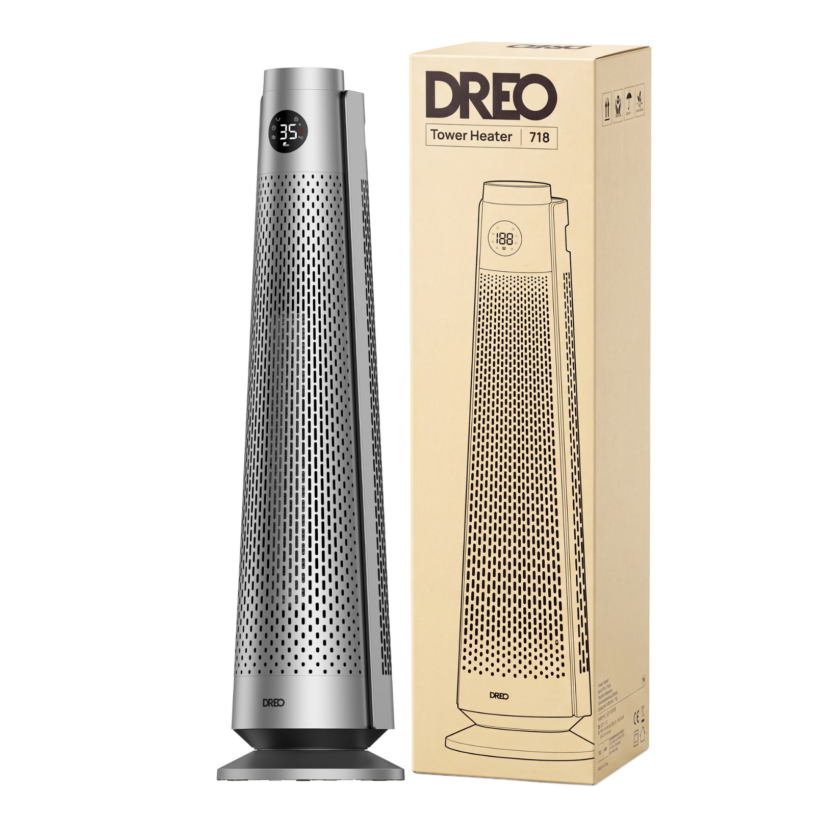 Silver Dreo Tower Heater 718 stands beside its cardboard box packaging with illustration.