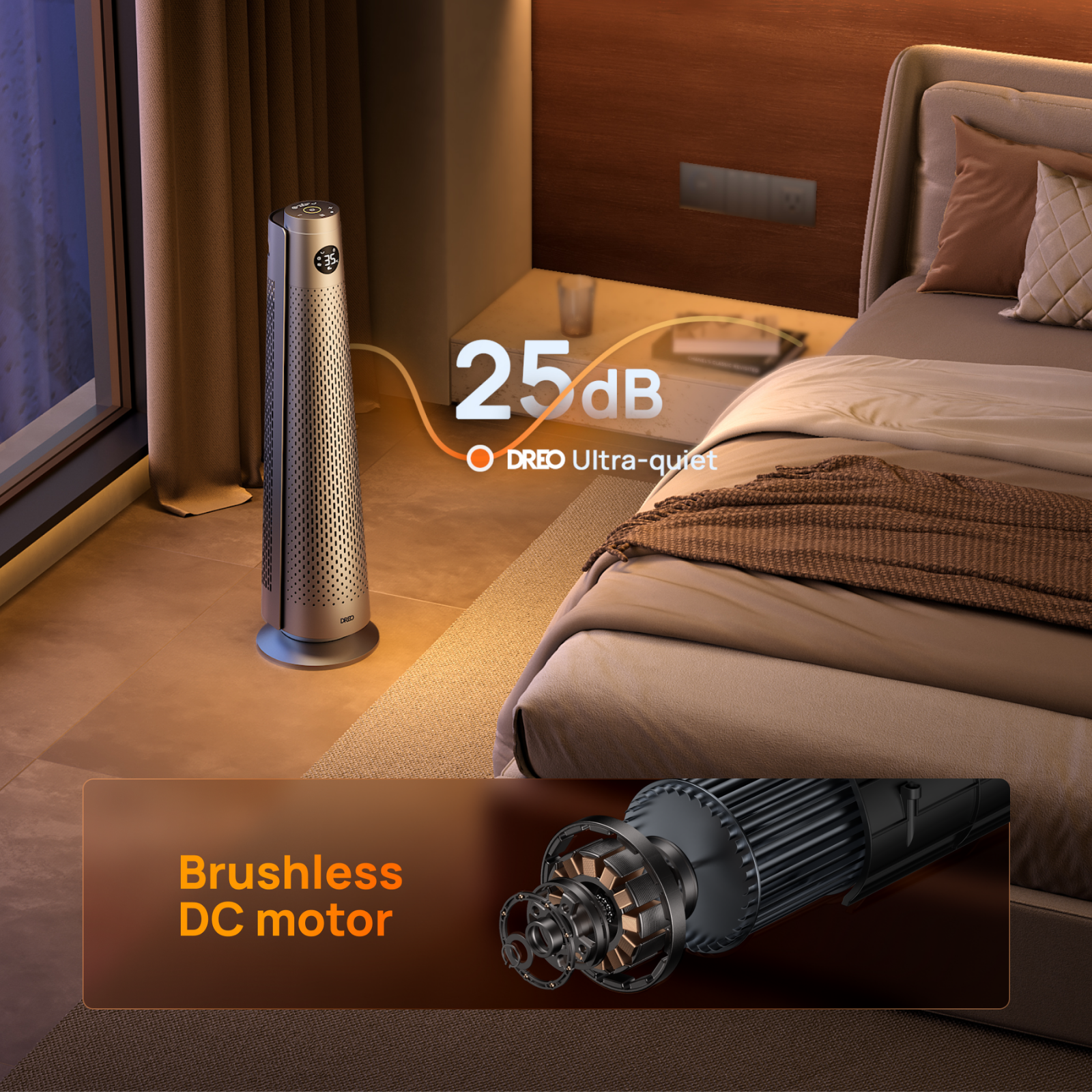 A sleek tower fan stands beside a modern bed in a cozy, warm-lit bedroom, featuring a brushless DC motor inset.