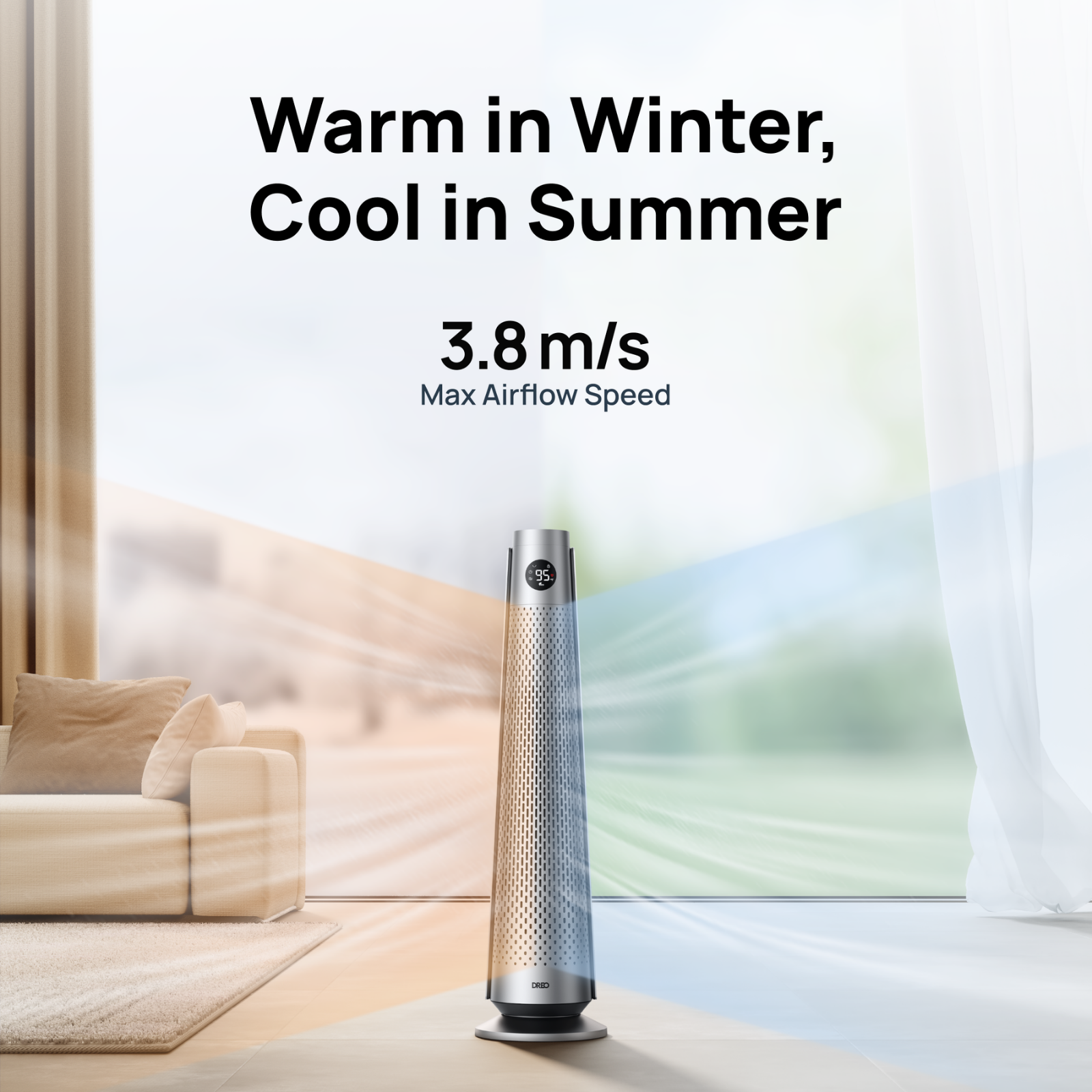 A tower fan in a living room, blowing warm orange air left and cool blue air right, with text about max airflow speed.