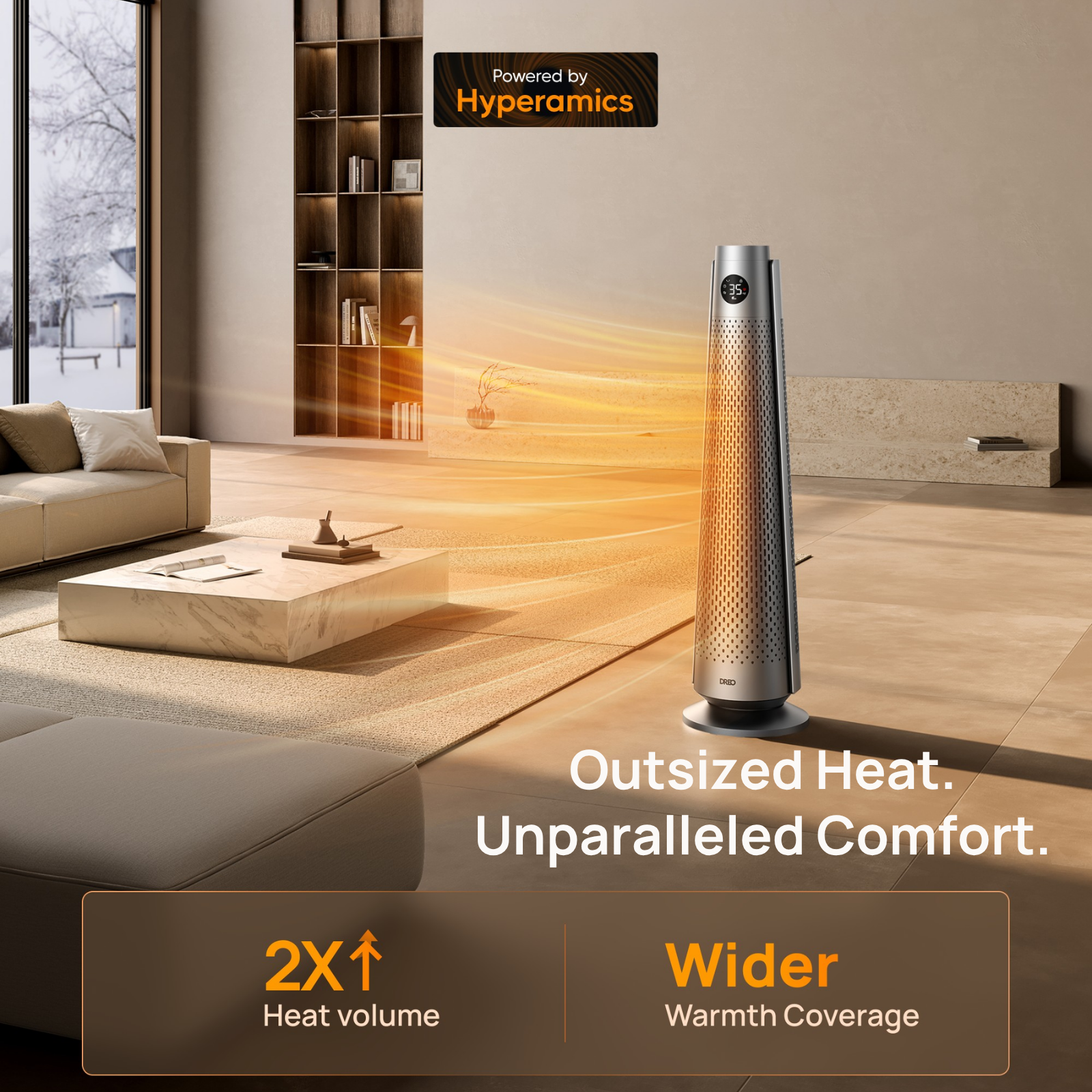 A silver tower heater in a modern living room emits warm orange heat waves toward a couch.
