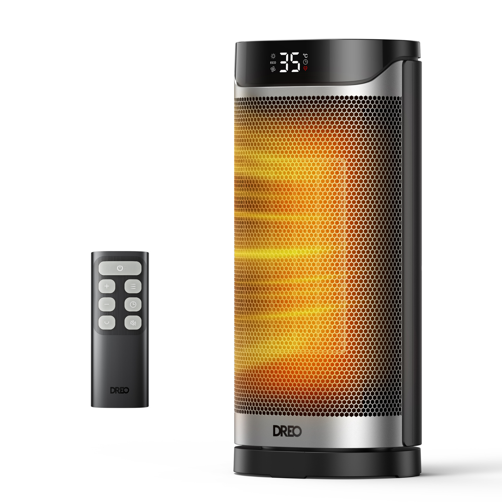 Dreo tower heater with digital display, orange glowing grid, and matching remote control on a white background.
